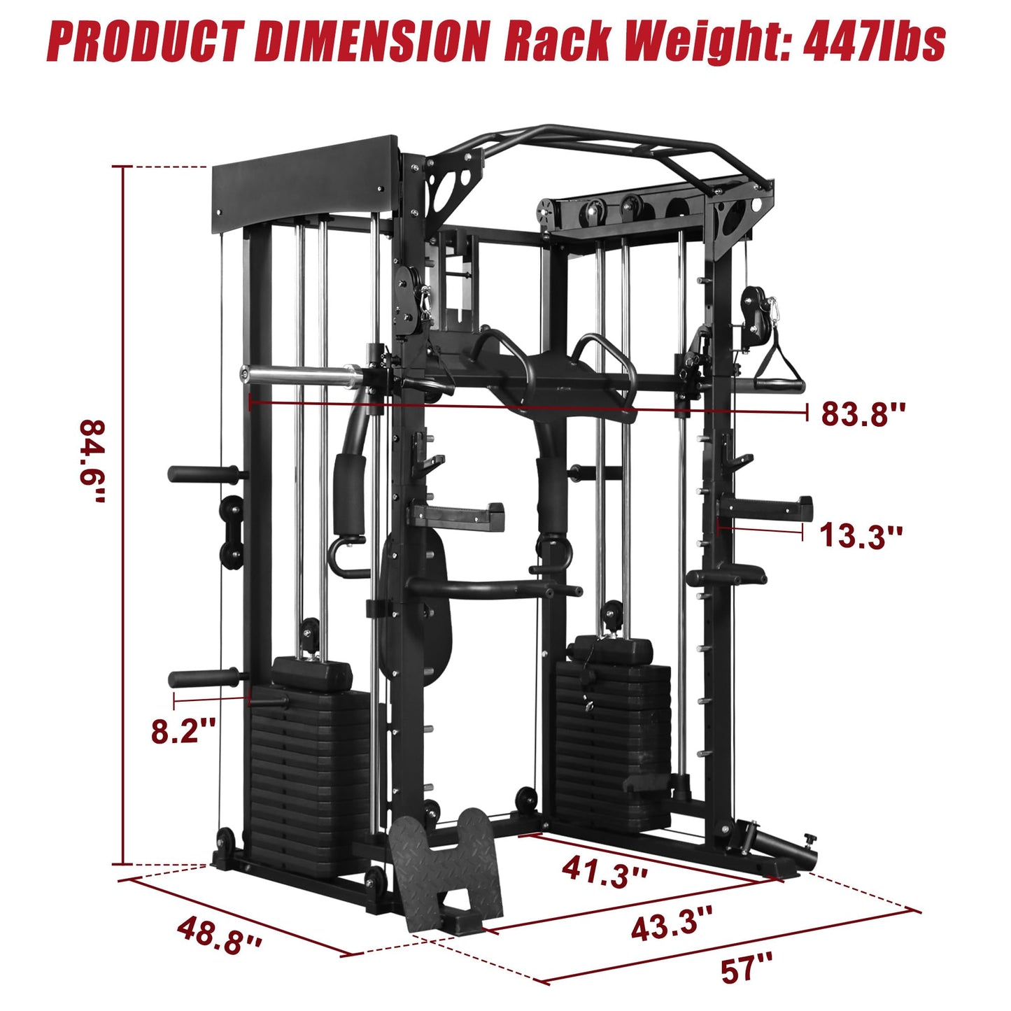 Smith Machine with Bench, Chest Fly and Leg Press, Dual 313 lb Weight Stacks, All in One Home Gym with Power Cage, Cable Pulley and LAT Pulldown for Full Body Strength Training