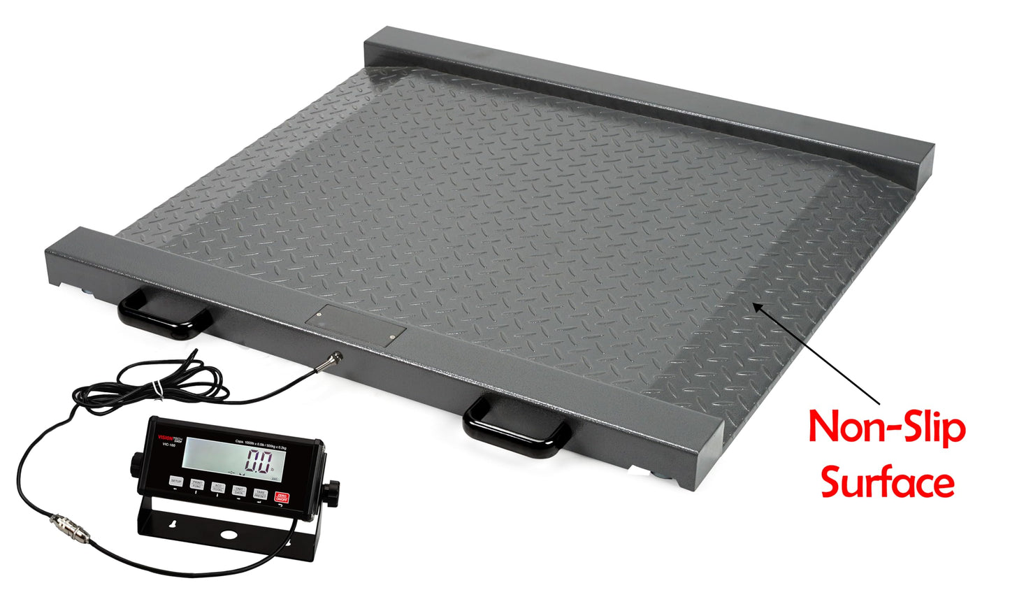 VisionTechShop MVD1 Drum Scale Low Profile Platform with Integral Lamps, 1000lb x 0.5lb / 500kg x 0.2kg, Handles and Wheels for Easy Portability, Large LCD Display with Backlight