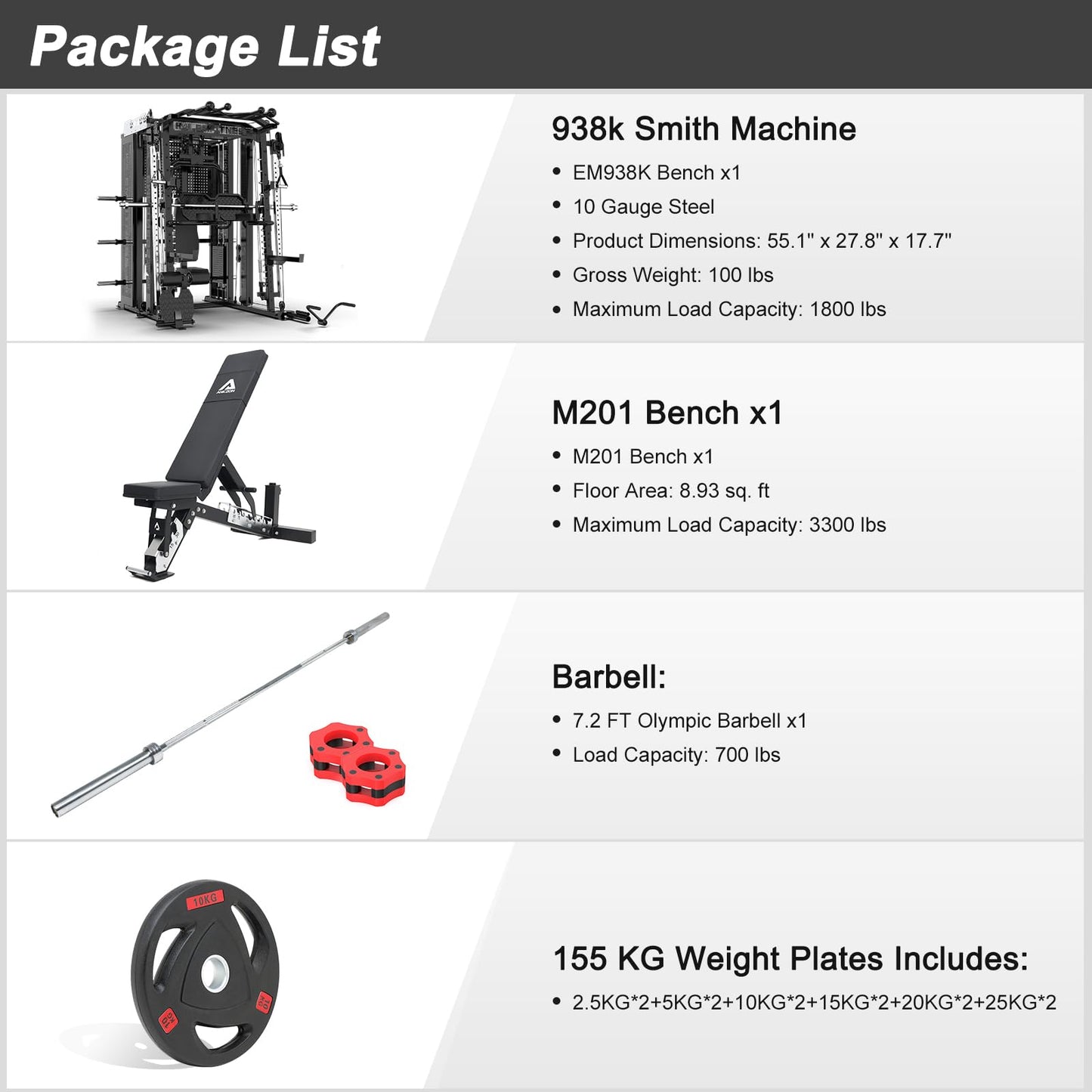 Commercial Smith Machine with Smith Bar, Power Cage Squat Rack with Lever Arm, Leg Press, LAT Pull Down System, Cable Crossover Machine (B) S1 Pro + 155KG Weight + Olympic Bar+ M201 Bench