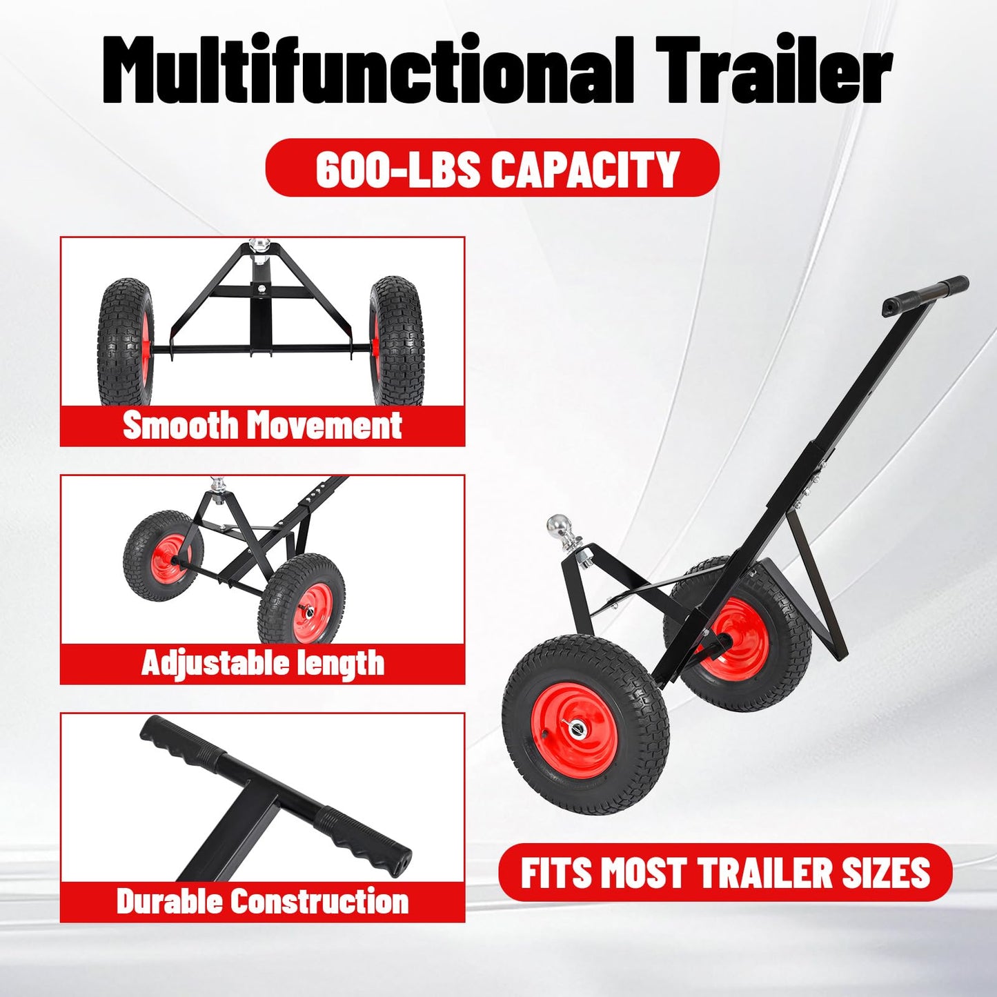 600 LB Load Capacity Trailer Dolly, Heavy Duty 2-Wheel Hand Trailer Mover with 2” Hitch Ball, Dual 13” Pneumatic Tires for RV, Boat & Utility Trailers