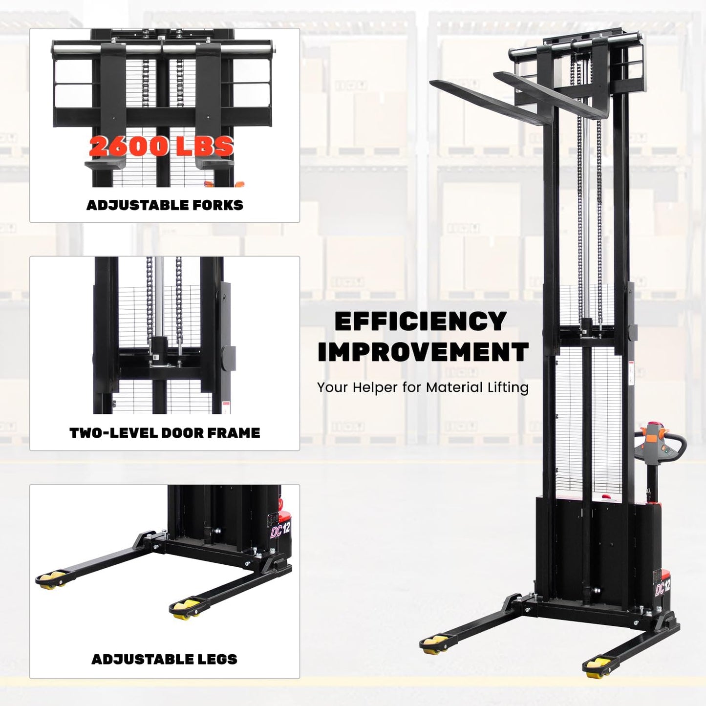 Fworkleft Full Electric Pallet Stacker, 2640 lbs Capacity, Lithium Battery Powered Walkie Stacker with 118" Lift Height, Straddle Legs & Adjustable Forks for Warehouse