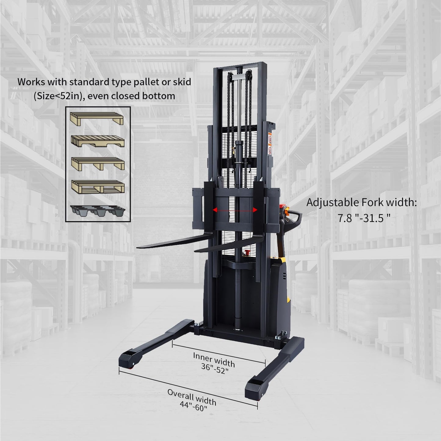 APOLLOLIFT Fully Powered Electric Stacker with Straddle Legs, 3300 lbs Capacity 138" Lift Height, Fully Electric Material Handling Lift Truck, with Adjustable Forks
