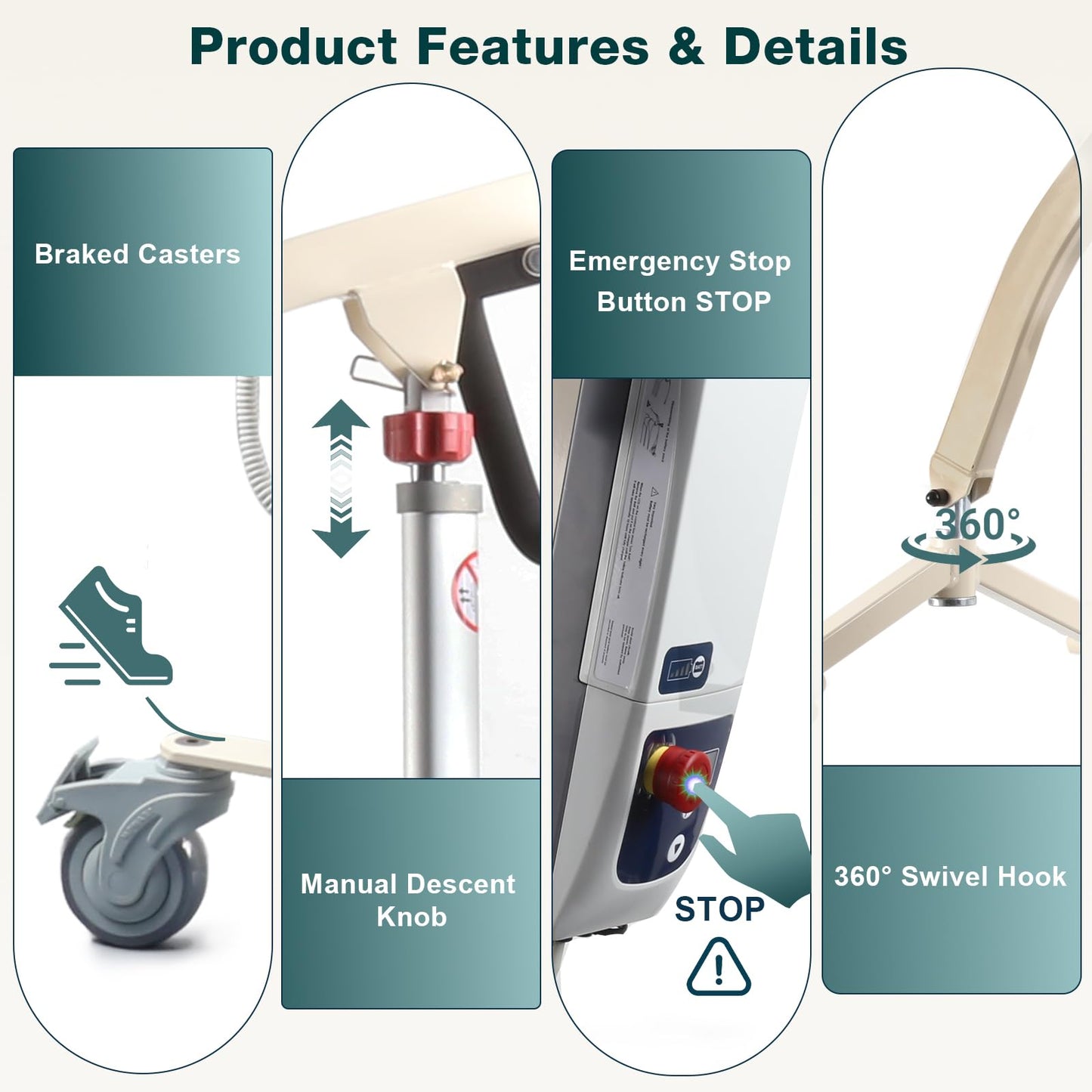 WHLICKS Electric Patient Lift with Divided Leg Sling – 400LBS Heavy Duty Transfer Chair for Elderly, Full-Range Open Base Slides Under Bed/Chair, Fast Folding Homecare Lift with Braked Casters