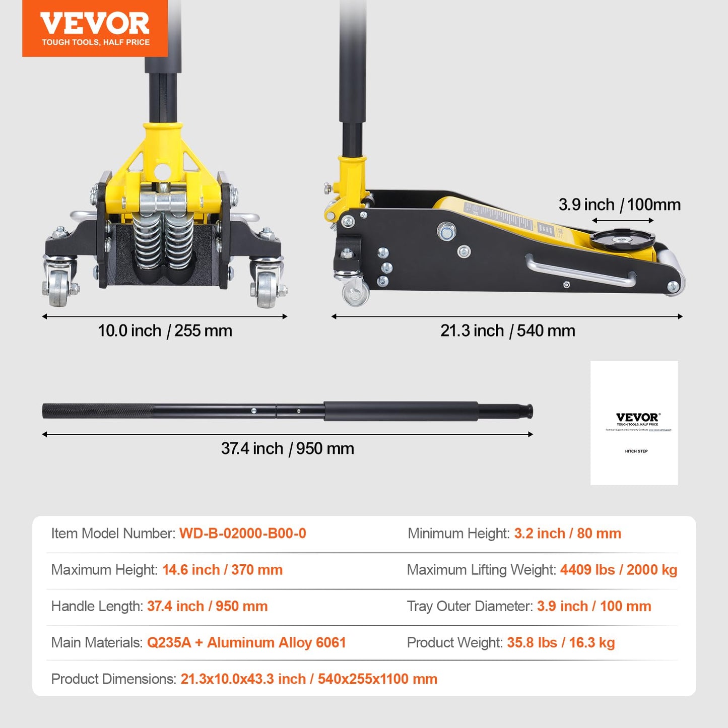 VEVOR Low Profile Floor Jack 2 Ton (4400 lbs), Heavy Duty Aluminum Hydraulic Racing Floor Jack, Hydraulic Car Jack, Dual Piston Quick Lift Pump, 3.2"-14.6" Height Lifting Range (Yellow)