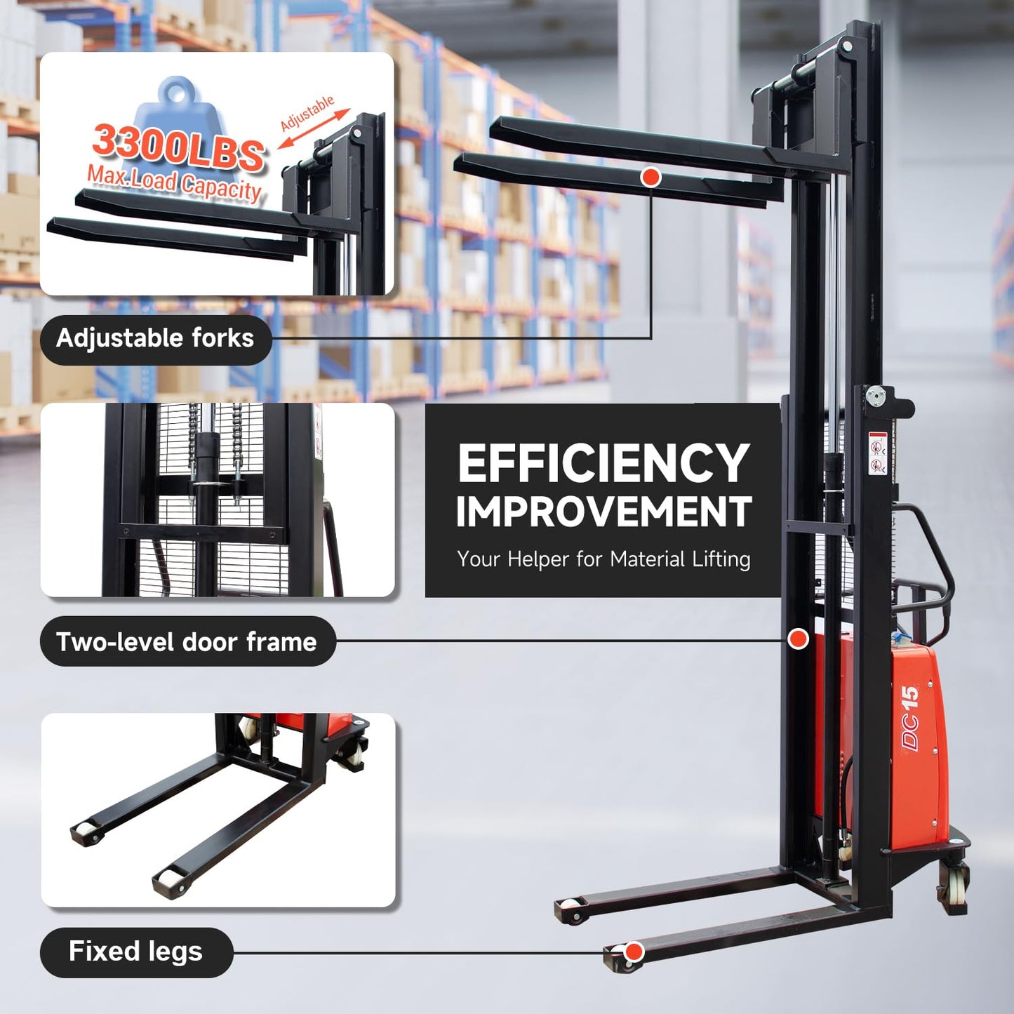 DMC-FPPS 3300lbs Semi-Electric Pallet Stacker, 98" Lifting Height Wakie Stacker, Fixed Legs Material Lift with Adjustable Forks
