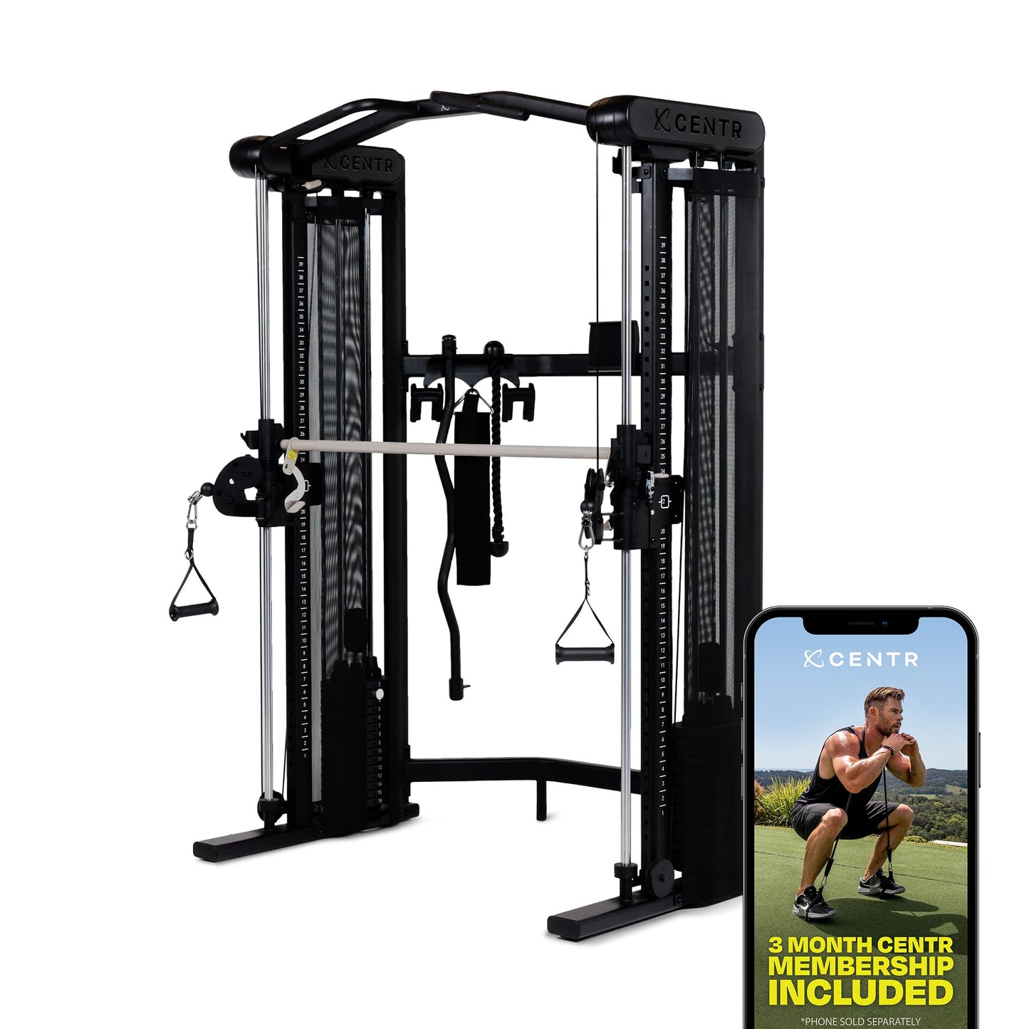 Centr 3 Home Gym Functional Trainer with Selectorized Smith Bar - Dual 165 lb Weight Stacks & Smooth-Glide Pulley System - Full Body Cable Machine with 7 Accessories for Strength Training