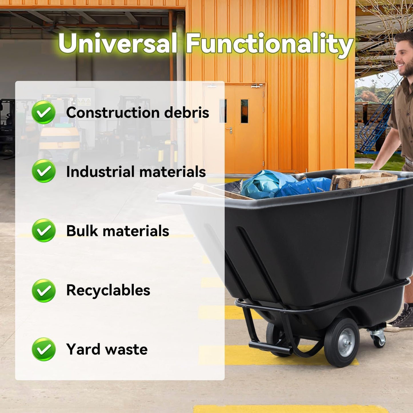 Fworkleft Tilt Dump Truck 850 lbs Capacity, 1/2 Cu.Yd Heavy Duty Trash Cart with Wheels, Forklift-Able Frame, Plastic Utility Dump Cart for Construction, Warehouse & Industrial Use (3-Pack)