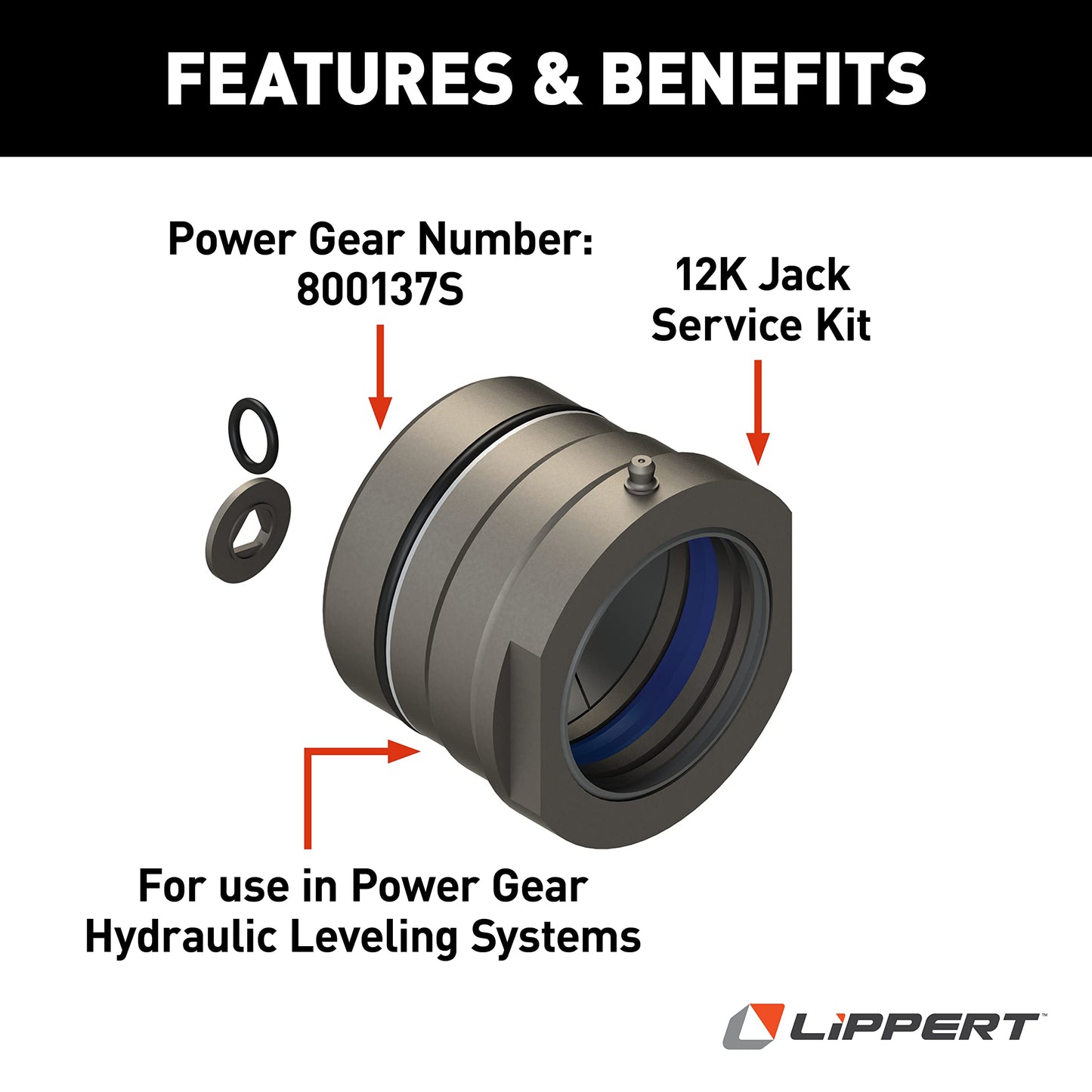 Power Gear Leveling 12K Jack Service Kit — for 2003 and Prior — Includes O-Rings, Rod Guide Cylinder, Rod Wear Ring, Rod Wiper, Rod Seal, Back Up Ring, Grease Fitting, and Thread Seal - 359460