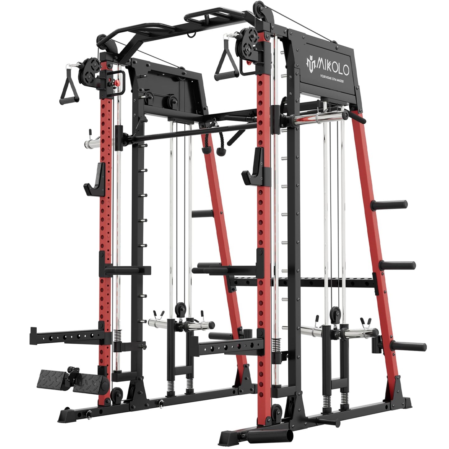 Mikolo M4 2.0 Standard Smith Machine, Multi-Functions Squat Rack with LAT-Pull Down System & Cable Crossover Machine, Training Equipment with Leg Hold-Down Attachment, Red