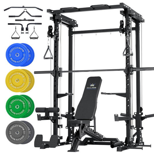 Major Fitness Drone3 Smith Machine, All-in-One Home Gym Squat Rack with Cable Crossover & Pull-Up Station, Heavy-Duty Strength Training (D3SMS-BK (with Bench Elite BLK & 230LB CLR BP)