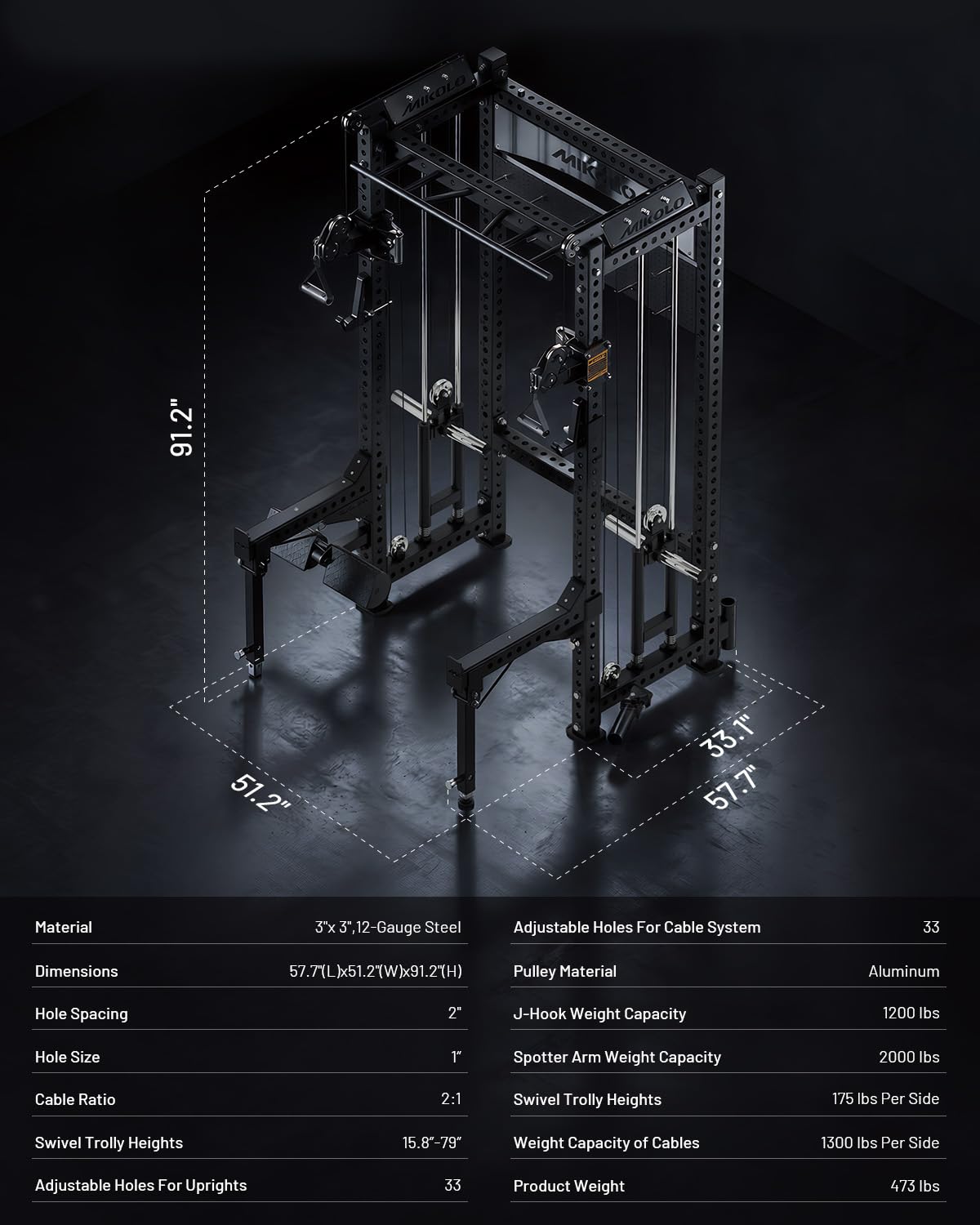 Mikolo Anubis-2.0 Standard Smith Machine, 2000LBS Power Cage with LAT Pulldown&Cable Crossover, Multi-Function Trainer with Aluminum Pulley System for Fitness Home Gym