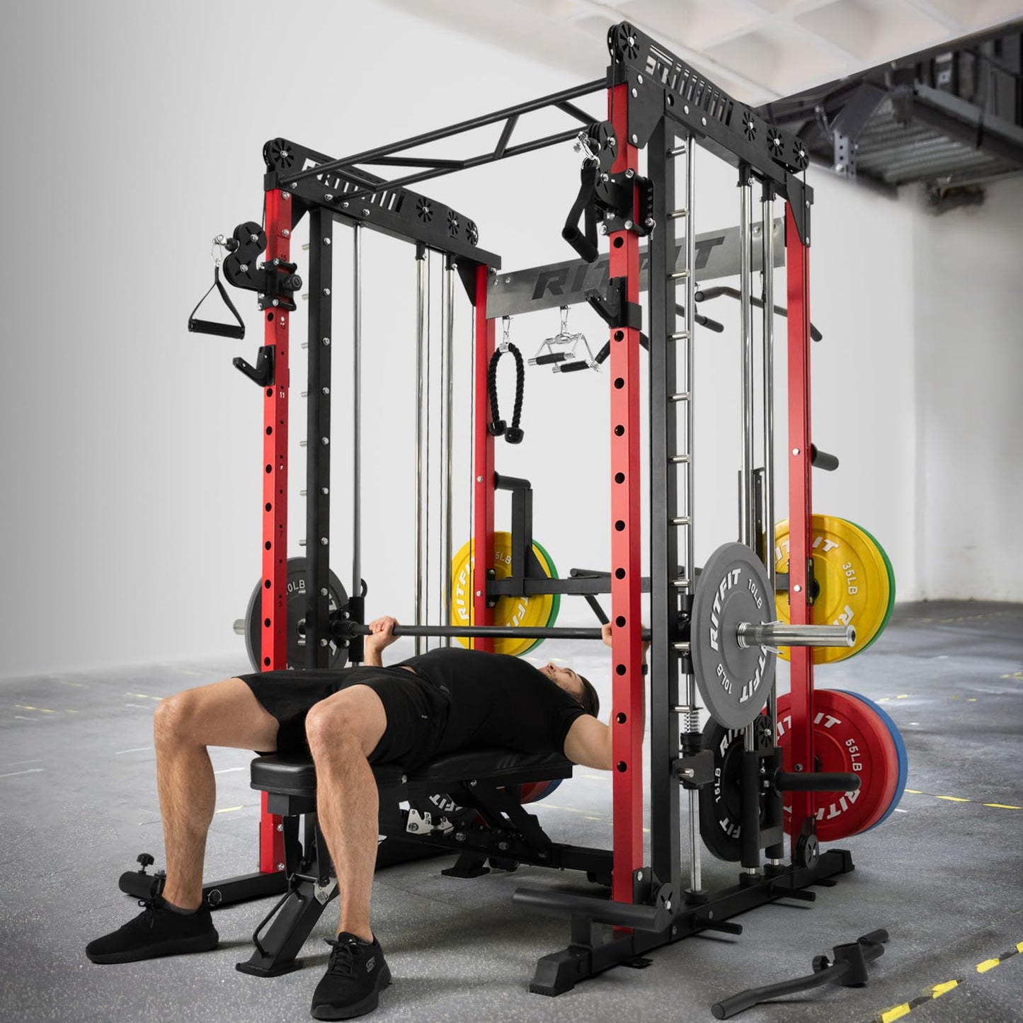 RitFit M1 Smith Machine with Cable Crossover System, Multi-Function Squat Rack Power Cage for Home Gym, Power Rack and Packages (M1 Package (with Color BP 260 LBS), Red)