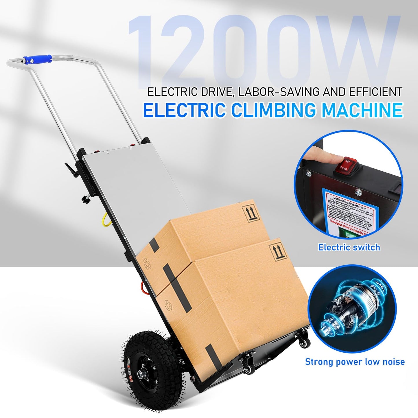 1200W Electric Stair Climbing, 900LBS Electric Stair Climbing Hand Trucks Dolly Cart with Screw Pack & Wrench, Heavy Duty Cart Motorized Hand Truck for Mobile Furniture Logistics Warehouse