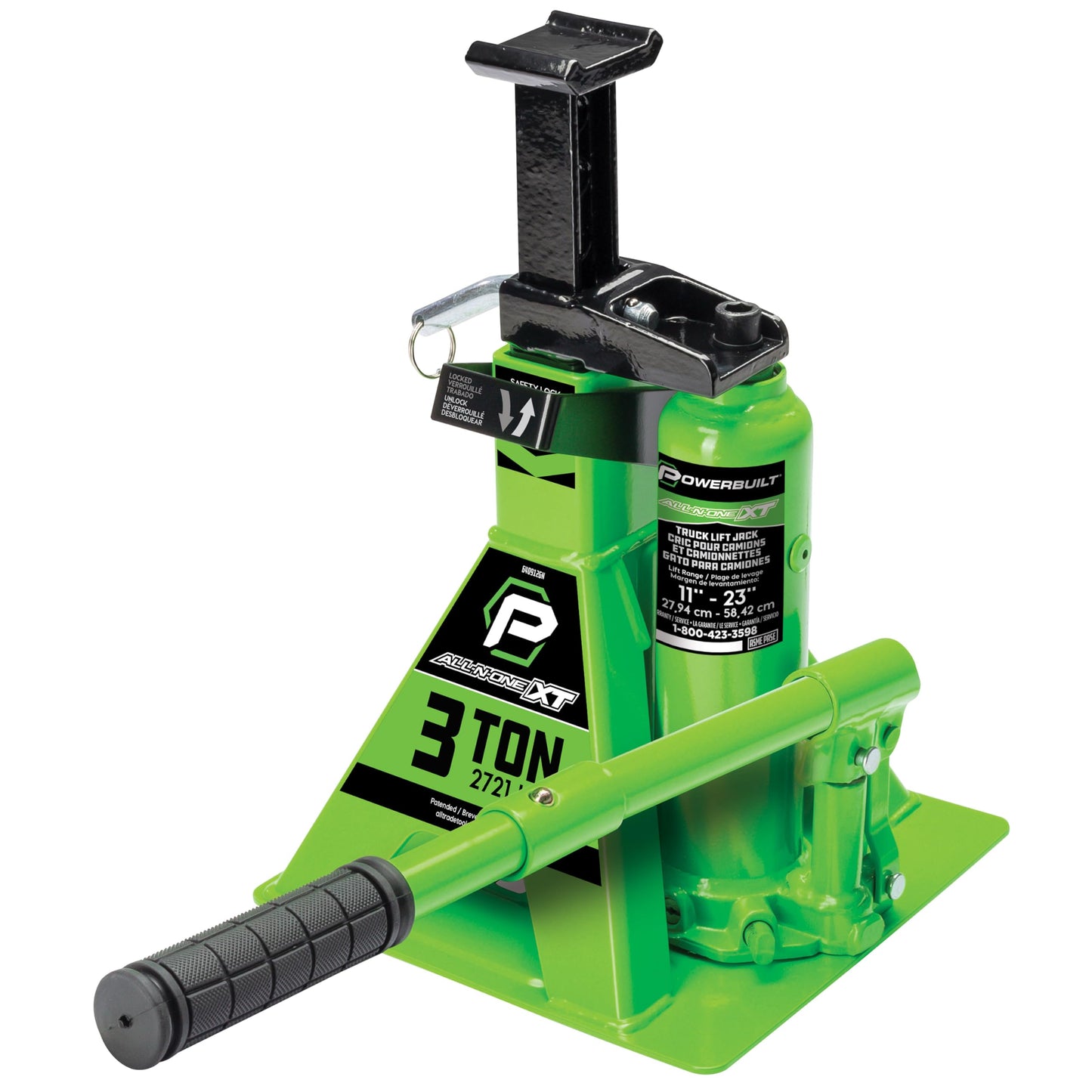 POWERBUILT 3 Ton All-in-One Hydraulic Bottle Jack and Jackstand in One, Compact, Wide Base, 11-21 inch Range, Eliminates Jackstands, for Trucks, SUVs, RVs, Trailers, Not for Sedans (Green) 640912GN