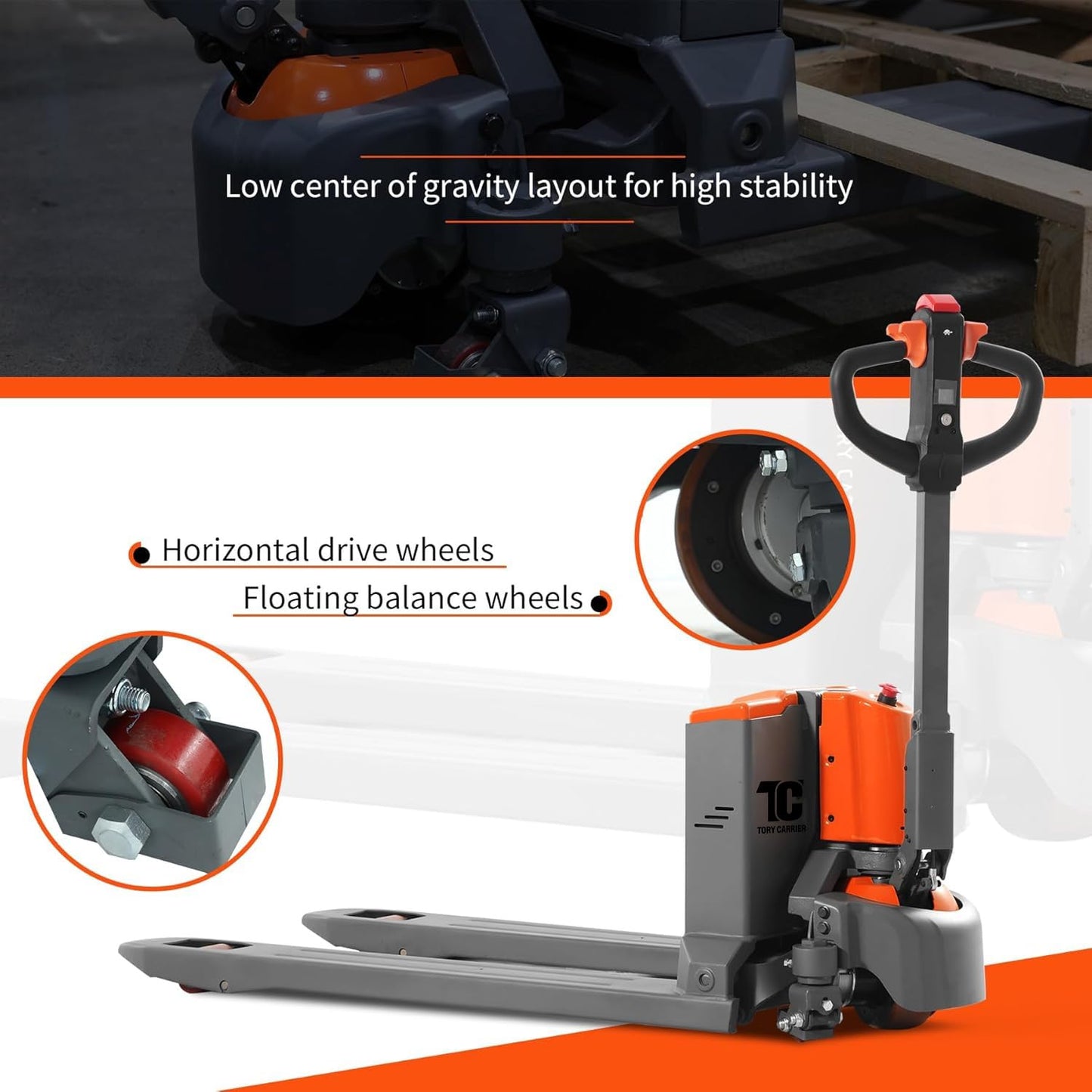 Tory Carrier Electric Pallet Truck 3300 Lb. Cap. Heavy Duty Pallet Jack 48 x 27 Forks Size Big Capacity Li-ion Battery