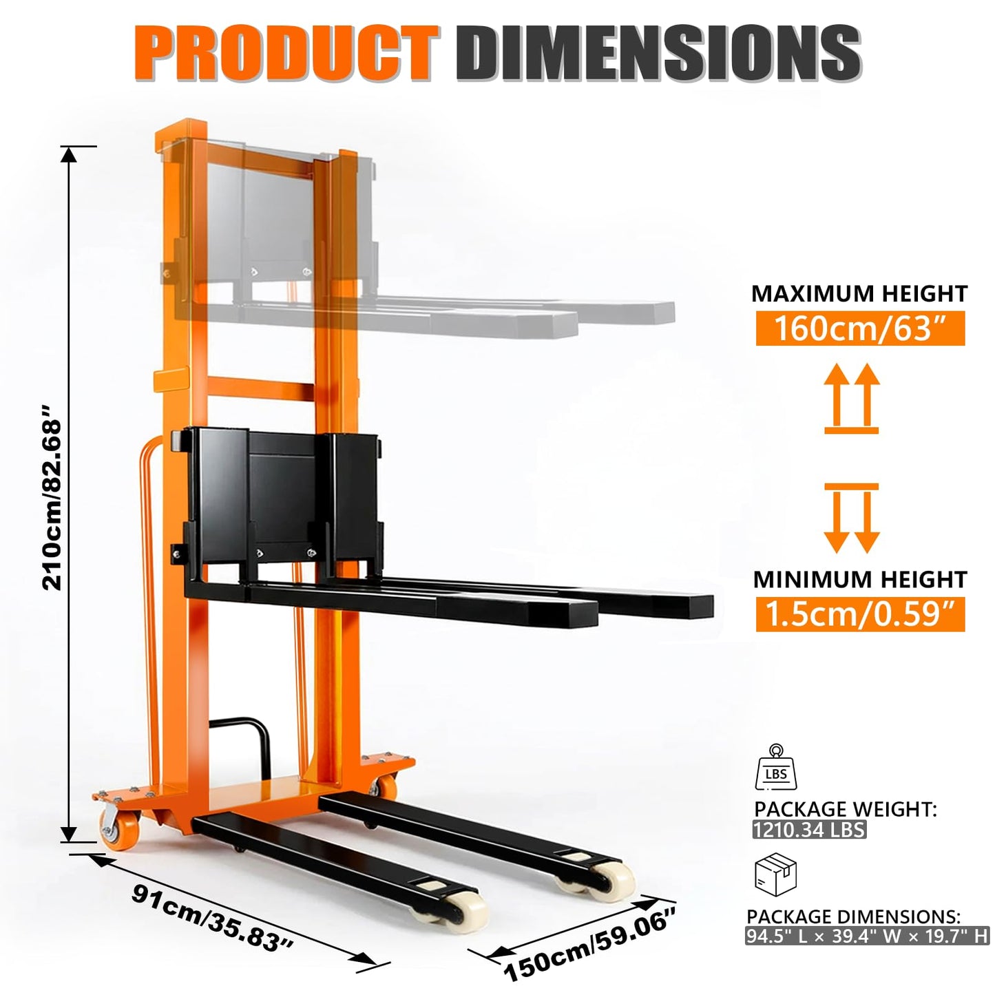 Material Lift Winch Stacker with Swivel & Rubber Wheels, 1100lbs Capacity Adjustable Straddle Material Lifter, Manual Material Lifts, Hand Winch Lift Trucks for Warehouse, Logistics, Factory