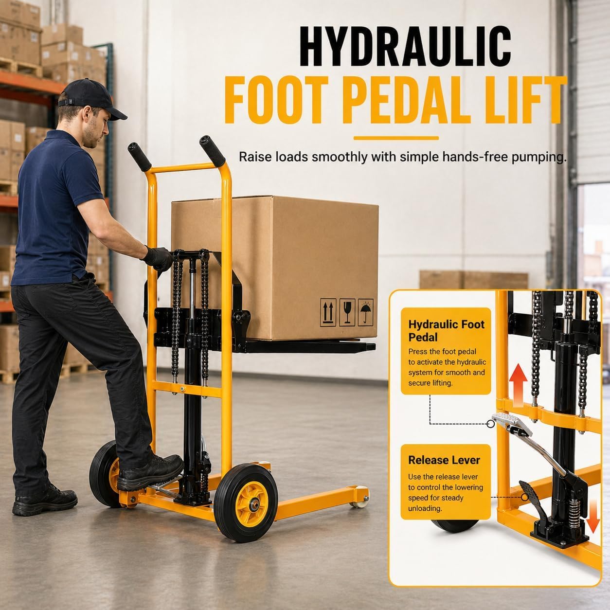 440lbs Material Lift Stacker, 35.5" Max Lift Hydraulic Fork Lift with Adjustable Forks, Manual Pallet Stacker Lift Dolly with Fixed Legs, Manual Forklift for Supermarket, Warehouse and Household
