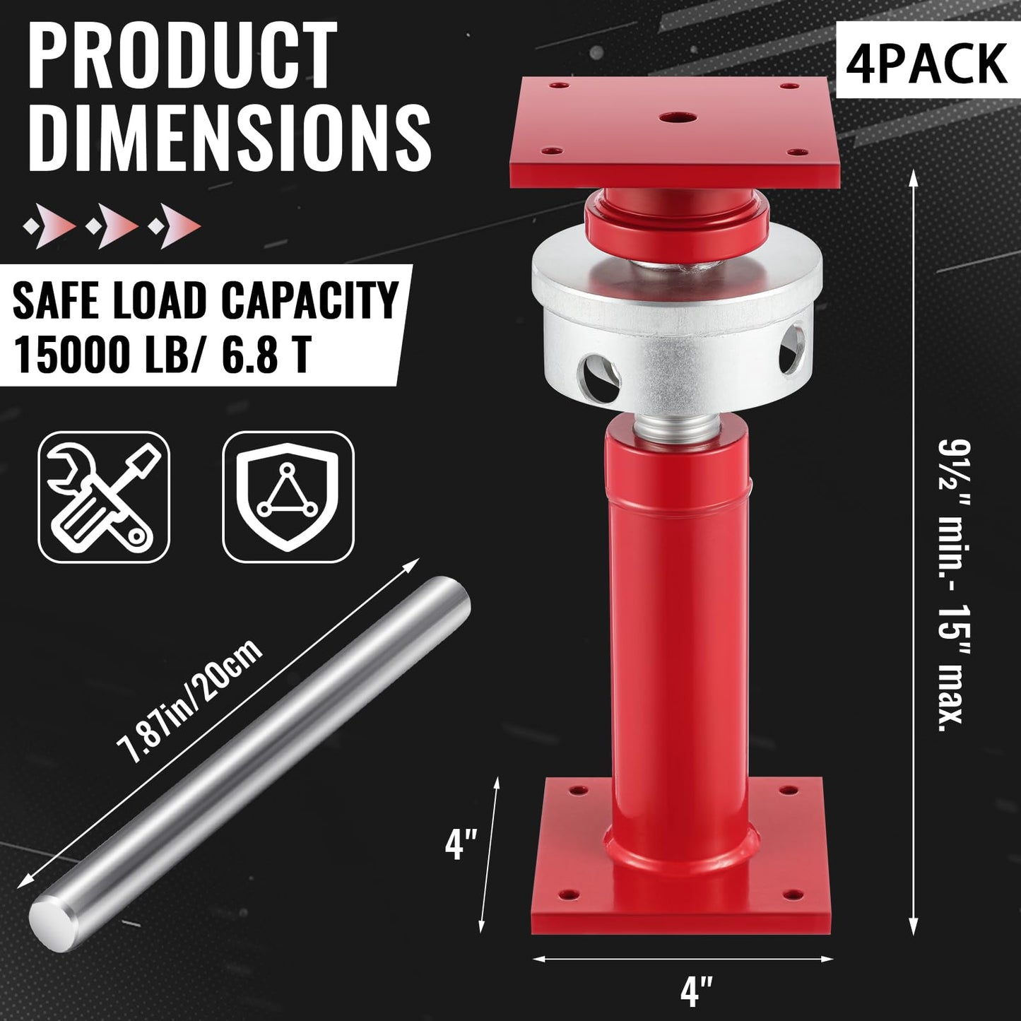 Lanties Adjustable Screw Jack Post for House Leveling, Manufacturing House Jacks with Wrench Screw Steel Shores, Range of Adjustment(9.5''-15'',Red,4 Pcs)