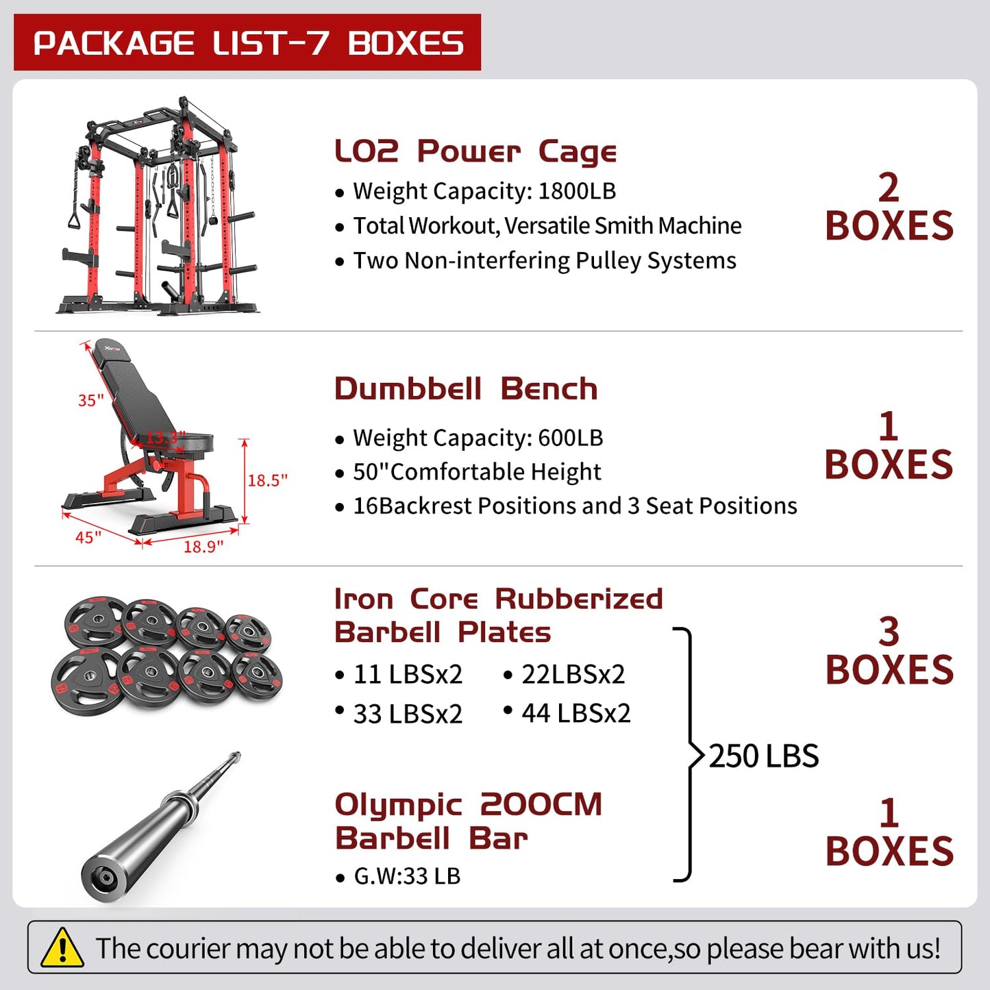 XGSW XINGESIWR Multi-Purpose Squat Rack,Smith Machine Weight Rack Set with Cable Crossover System, Home Gym Power Racks, Power Racks and Packages (L02, Power cage Red+Bench+Cast lron 220LBS)