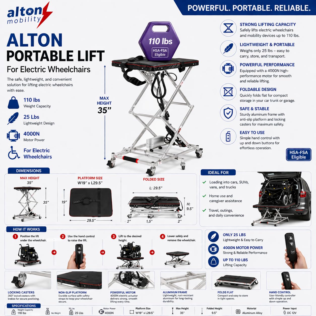 Alton Portable Lift for Electric Wheelchairs, Lightweight and Foldable Electric Chair Lift, Portable Wheelchair Lift for car, Wheelchair Scissor Lift, only 25 Lbs, 4000N Motor Power, Up to 110 Lbs