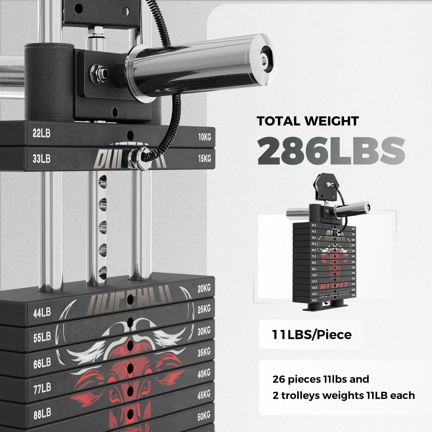 RitFit Buffalo Smith Machine Package, All-in-One Power Cage with Weight Stack , Power Rack with Cable Crossover & Leg Press Attachment for Home Gym(RED,BP260)