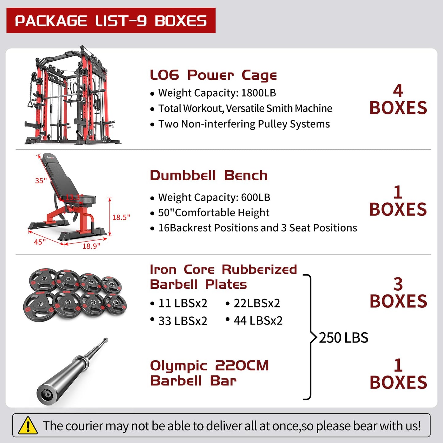 Multi-Purpose Squat Rack,Smith Machine Weight Rack Set with Cable Crossover System, Home Gym Power Racks, Power Racks and Packages (L06 two users, Power cage Red+bench+Cast lron 220LBS)