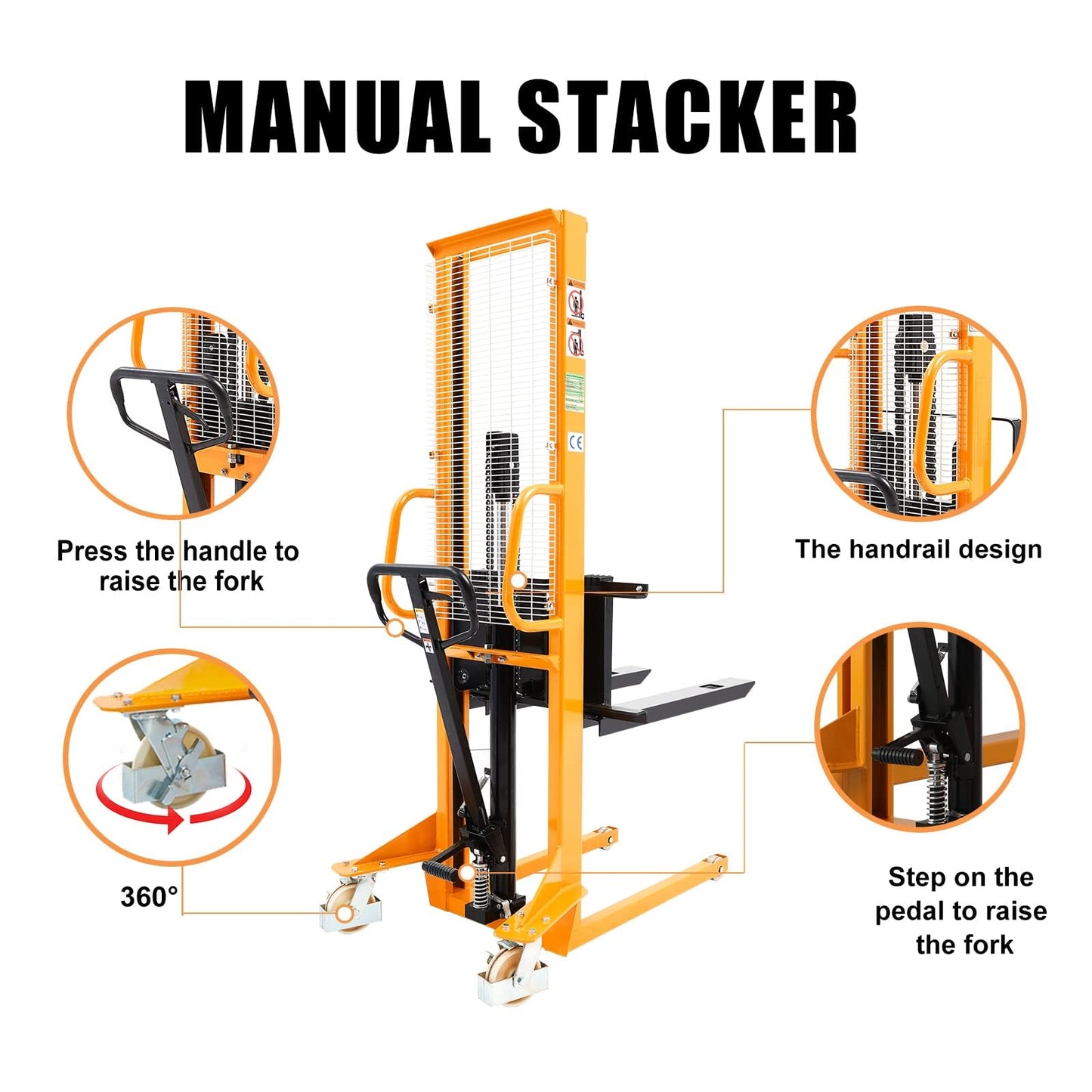 APOLLO Manual Stacker Hand Pallet Forklift 1100lbs Capacity 63" Lifting Height with Fixed Legs and Adjustable Forks Only Suitable for EU Pallets
