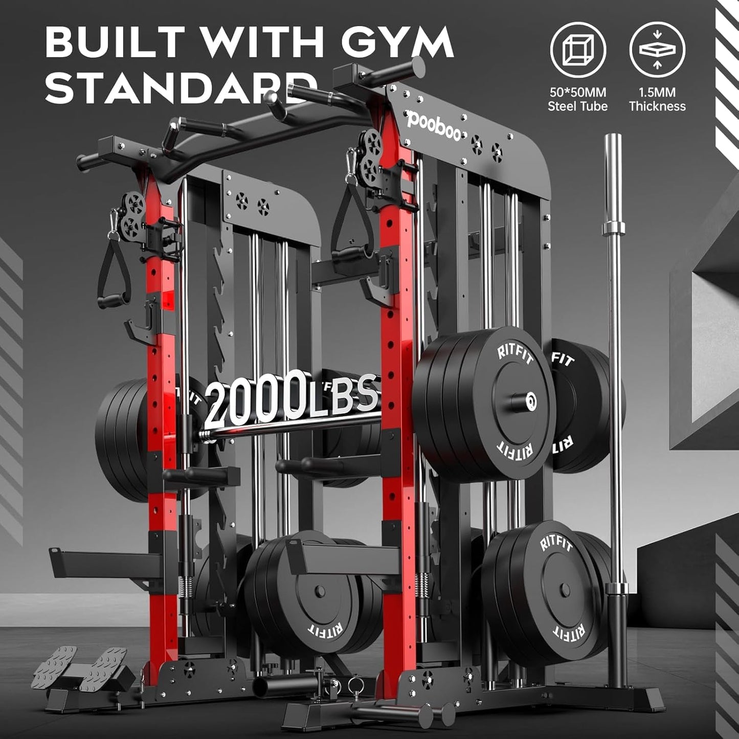 pooboo Multi-Functional Machine Power Cage, 2000LB Squat Rack, LAT-Pull Down System, Dual Pulley Cable Crossover System, Home Gym Workout Machine with Strength Training Attachments (P43 Pro Max 01)