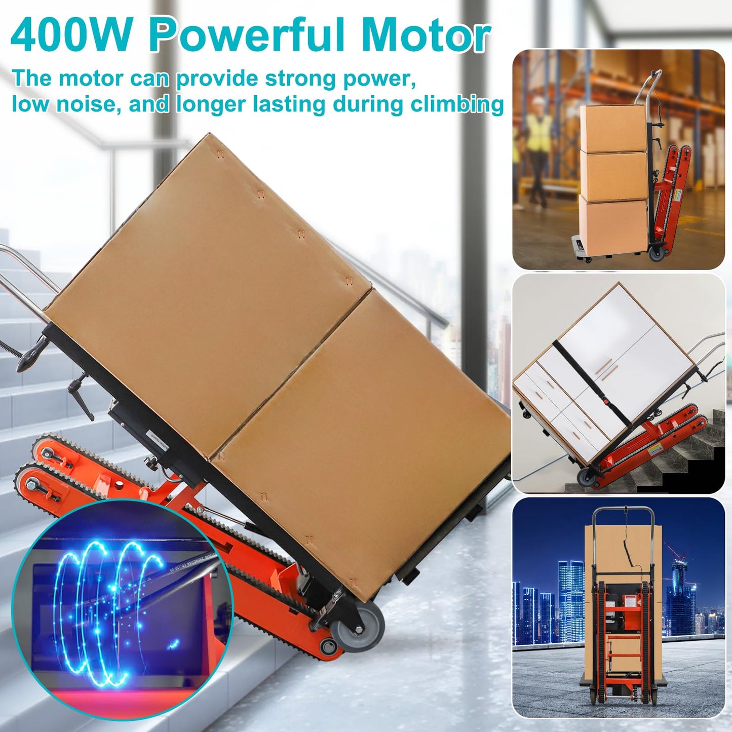 ROOMEDAL 441lbs Electric Stair Climbing Hand Trucks Dolly with Removable Extension Tray, 400W Powerful Motor Battery Powered Folding Stair Climbing Dolly for Furniture Family Logistics Warehouse