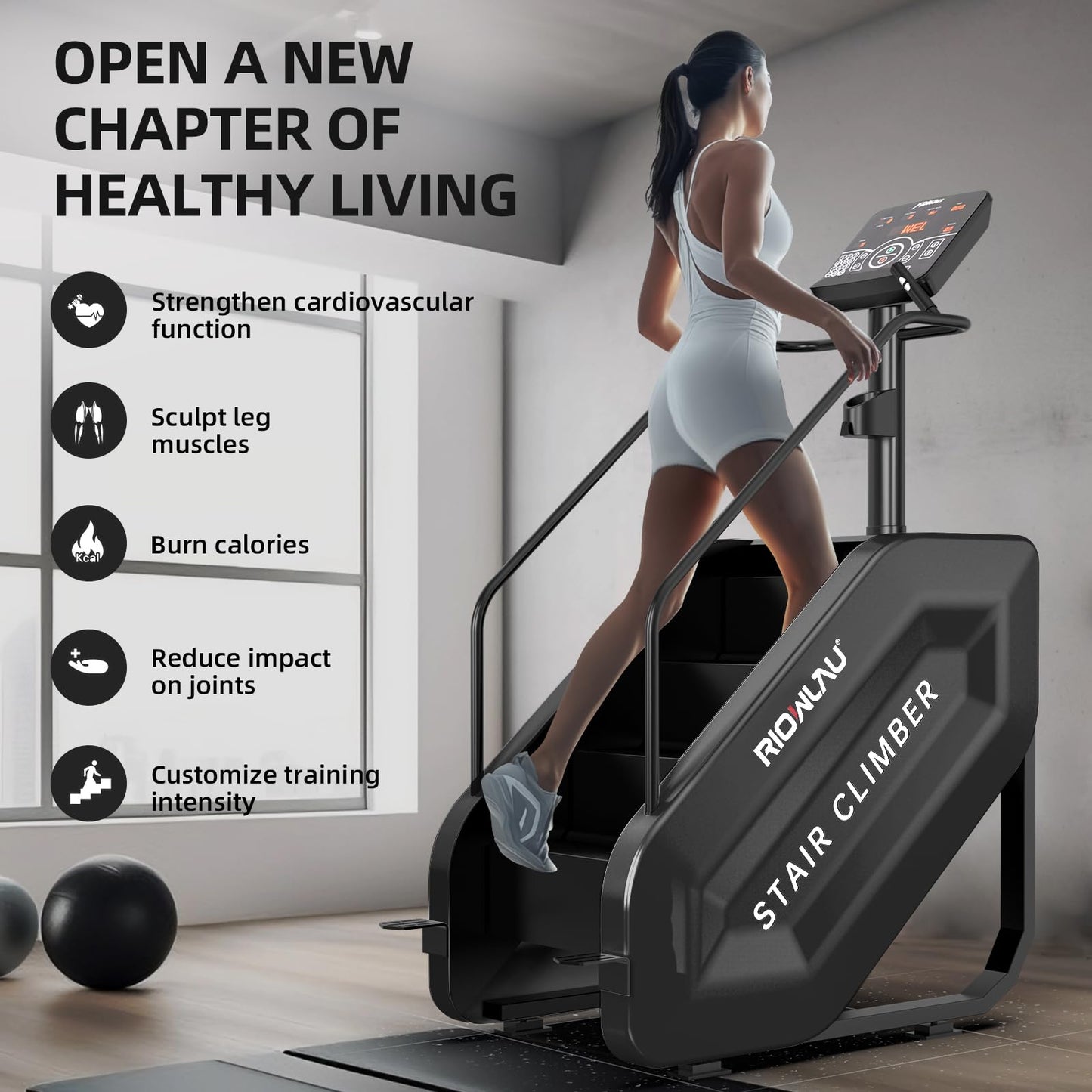 RIOWLAU Stepper Machine, Stair Stepper with LED Screen, Commercial Grade Stair Climber Exercise Machine,15 Speed Levels Stepping Machine for Cardio and Lower Body Workouts,375LBS, 15-164 Steps/Minute
