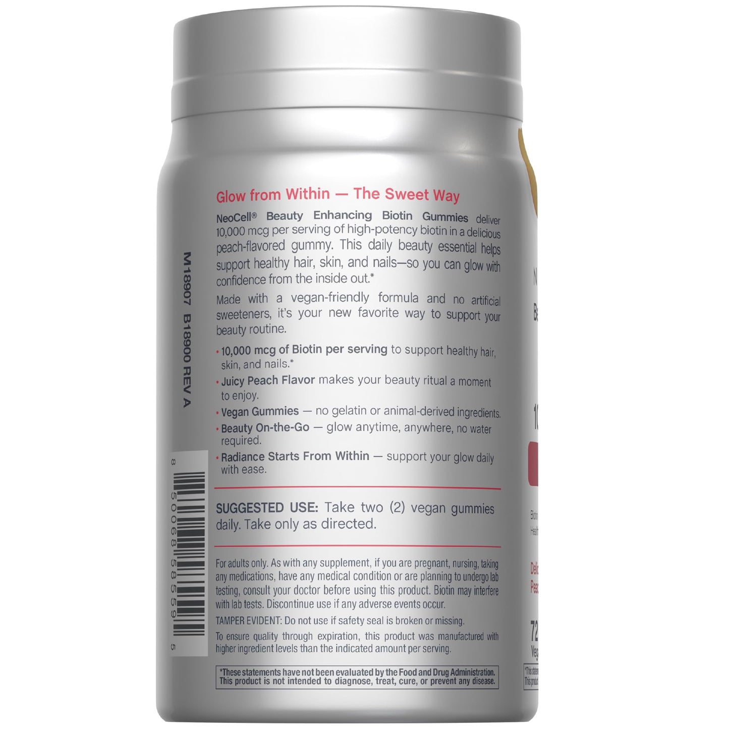 NeoCell biotin 10000mcg Gummies | 72 Count | Beauty Enhancing Supplement | Hair, Skin, and Nails | Peach Flavor