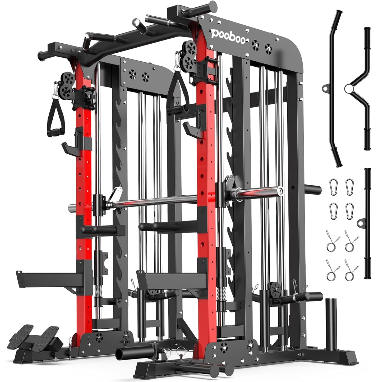 pooboo Multi-Functional Machine Power Cage, 2000LB Squat Rack, LAT-Pull Down System, Dual Pulley Cable Crossover System, Home Gym Workout Machine with Strength Training Attachments (P43 01)