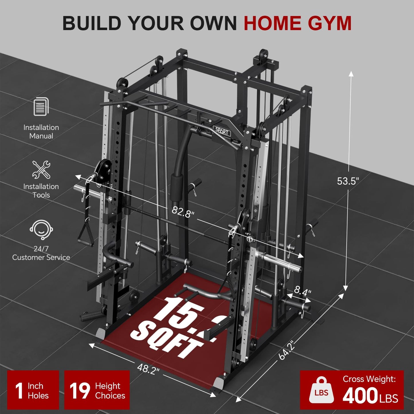 SPART Workout Station Angled Smith Machine,Cage System-Home Gym Multifunction Rack,Workout Equipment with Smithe Bar, LAT Pull-Down Systems, Cable Crossover Machine and Cable Attachment