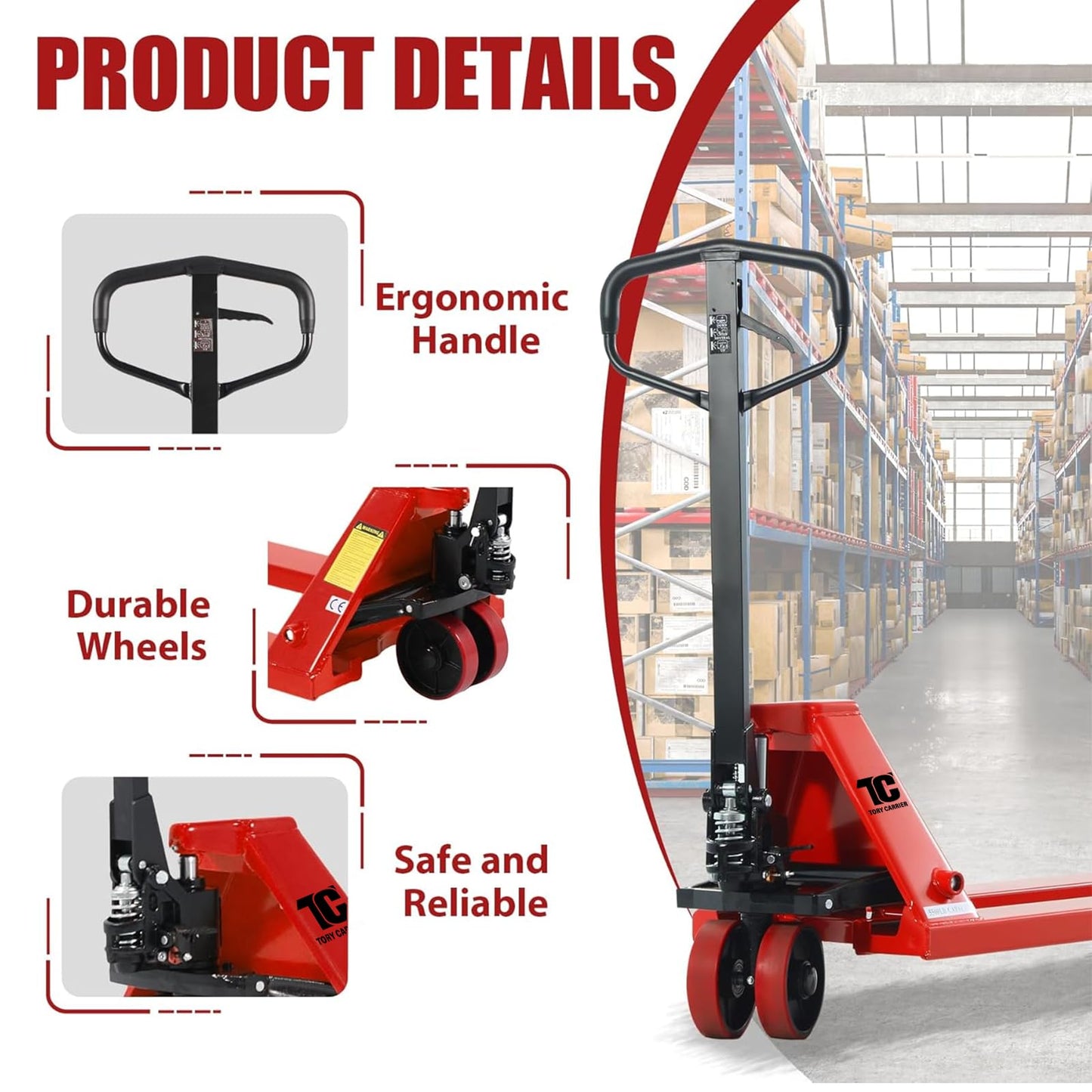 Tory Carrier Pallet Jack Hand Truck Manual Pallet Jacks 6600-Lb. Capacity 27 x 48 Forks Standard Duty, Rubber Handle, PU Wheels