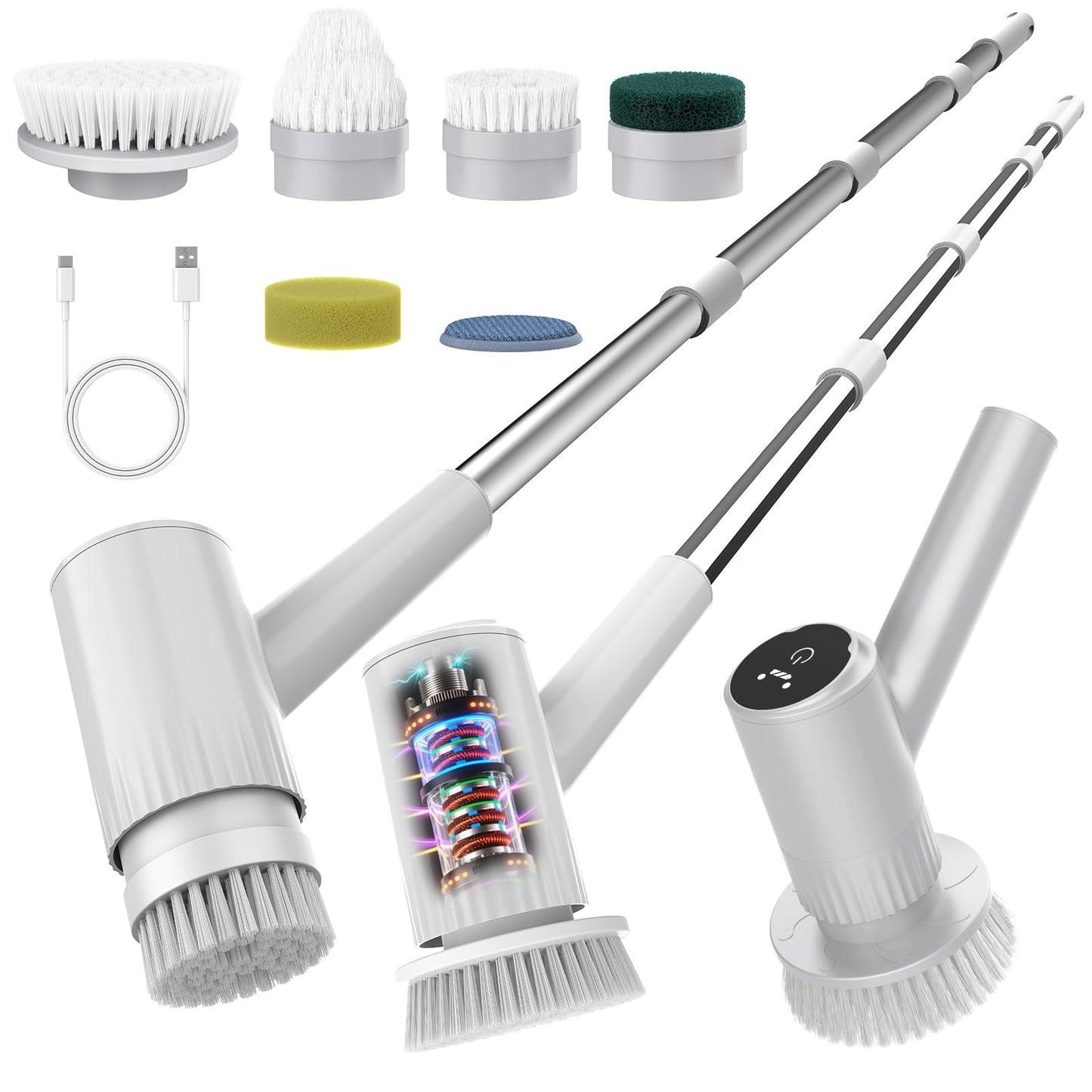 BOTLIFE Electric Spin Scrubber - 4500mAh Cordless Cleaning Brush with 6 Brush Heads, 47" Adjustable Handle Relieves Back Pain, IPX7 Waterproof Power Scrubber for Bathroom Shower Floor Tile Bathtub