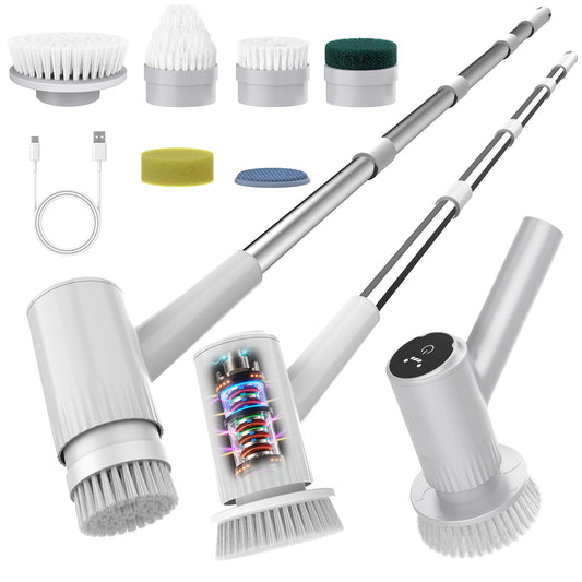 BOTLIFE Electric Spin Scrubber - 4500mAh Cordless Cleaning Brush with 6 Brush Heads, 47" Adjustable Handle Relieves Back Pain, IPX7 Waterproof Power Scrubber for Bathroom Shower Floor Tile Bathtub