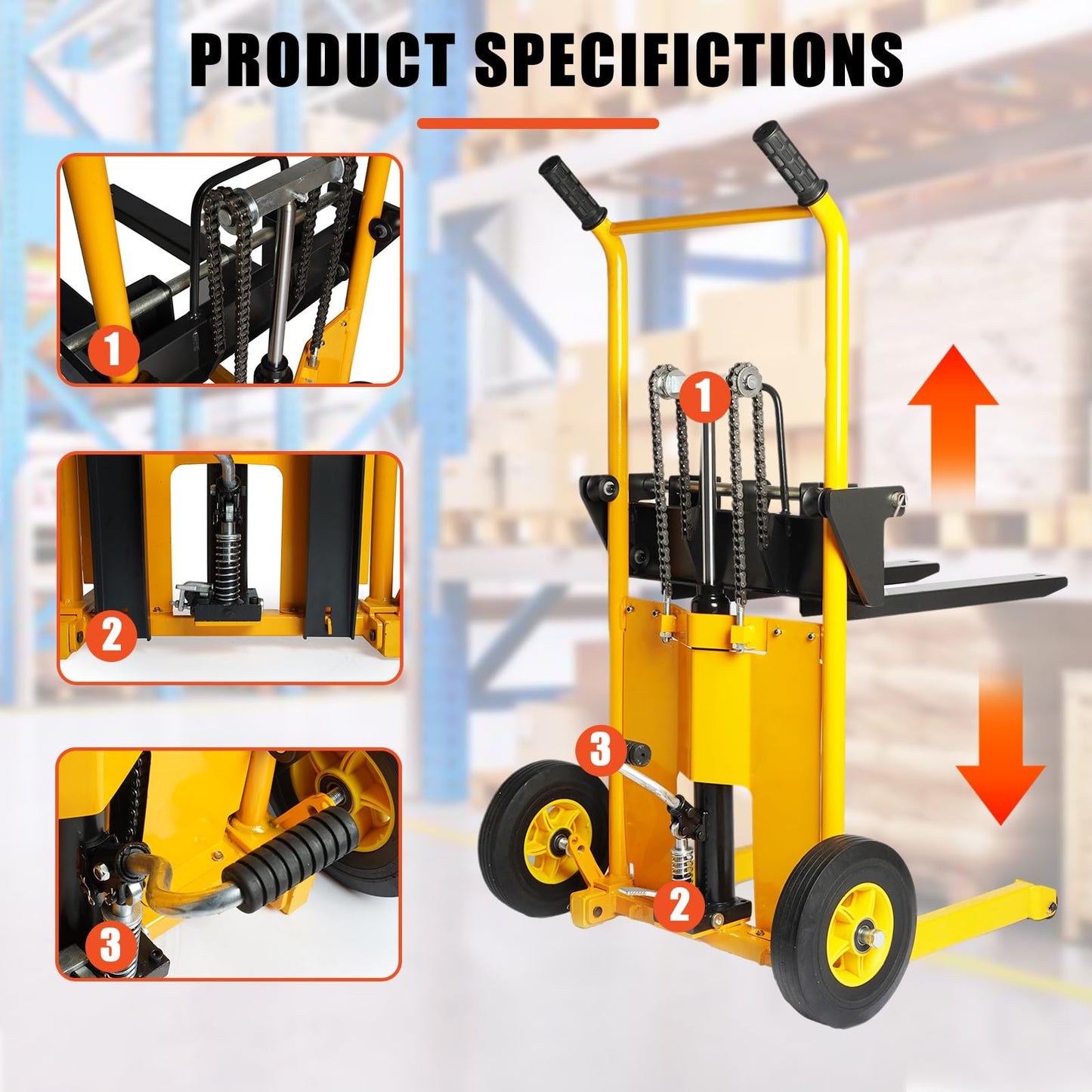 Carrier Material Hand Forklift Pallet Stacker, 440 lb. Capacity, 35 in. Lift Height with Adjustable Forks and Fixed Legs, Material Lifter, with Shelves