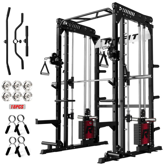 RitFit M1 Pro Smith Machine Package, All-in-One Power Cage with Weight Stack Set, Includes LAT Pulldown & Cable Crossover System for Home Gym