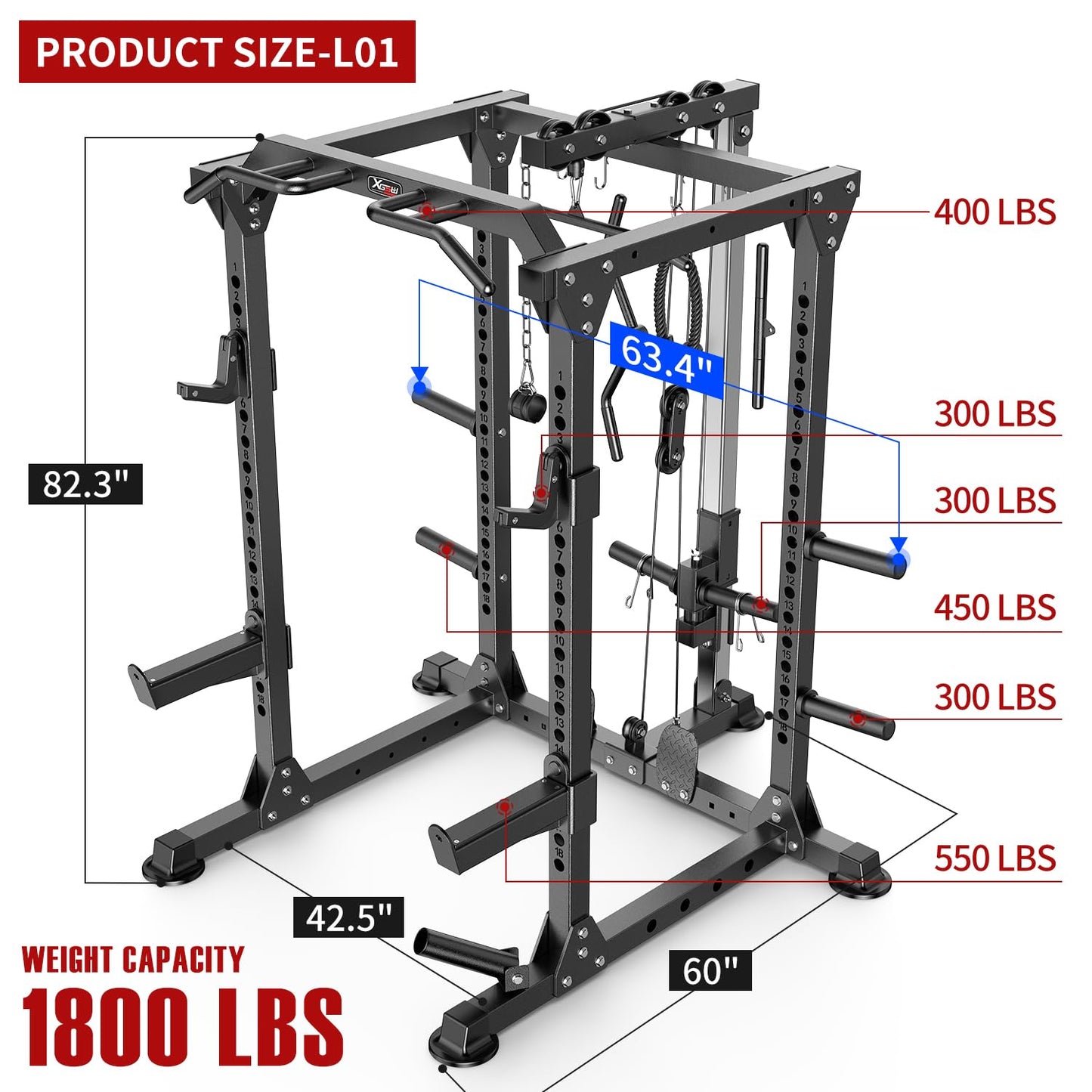 XGSW XINGESIWR Multi-Purpose Squat Rack,Smith Machine Weight Rack Set with Cable Crossover System, Home Gym Power Racks, Power Racks and Packages (L01, Power cage Black+Bench+Color BP 230LBS)