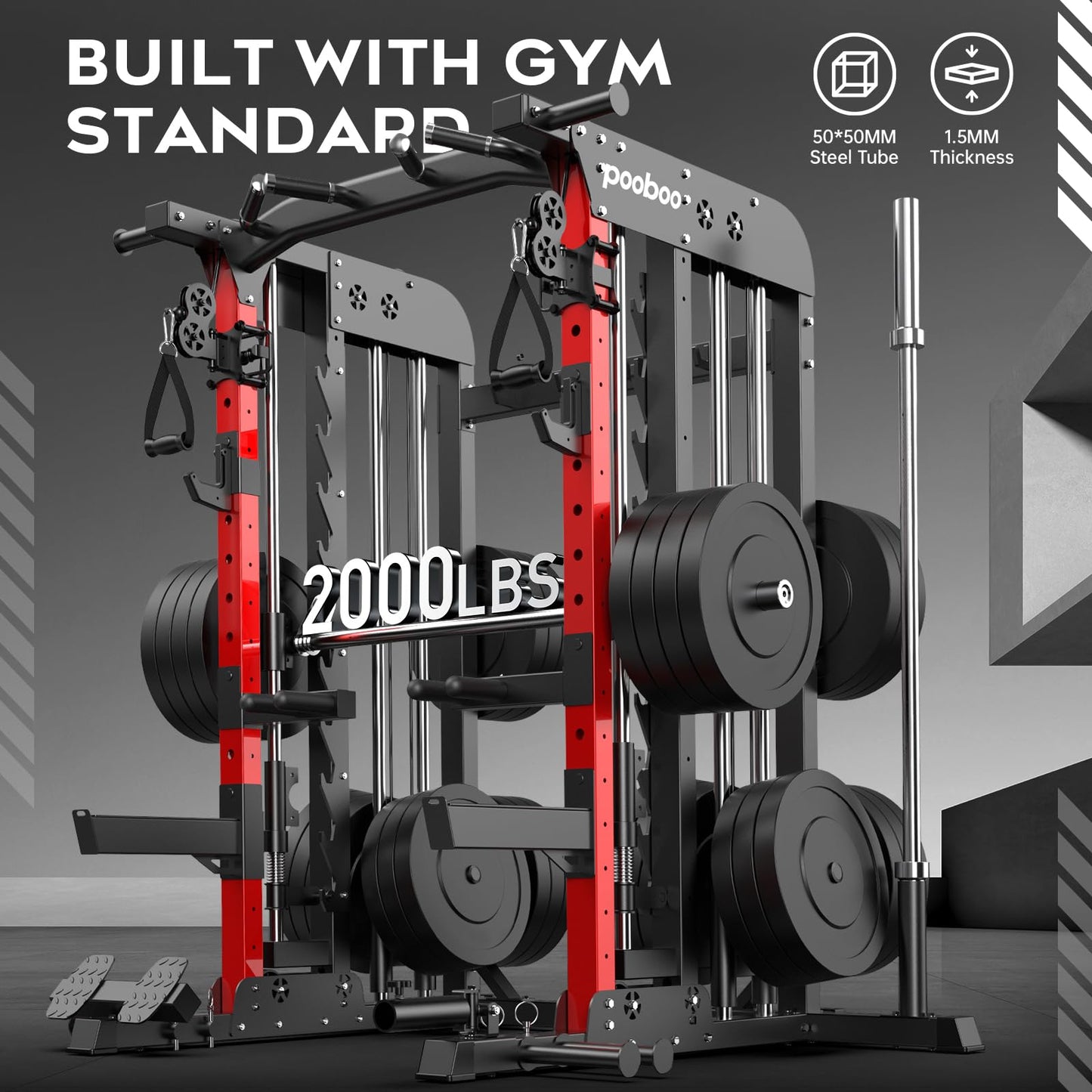 pooboo Multi-Functional Machine Power Cage, 2000LB Squat Rack, LAT-Pull Down System, Dual Pulley Cable Crossover System, Home Gym Workout Machine with Strength Training Attachments (P43 01)