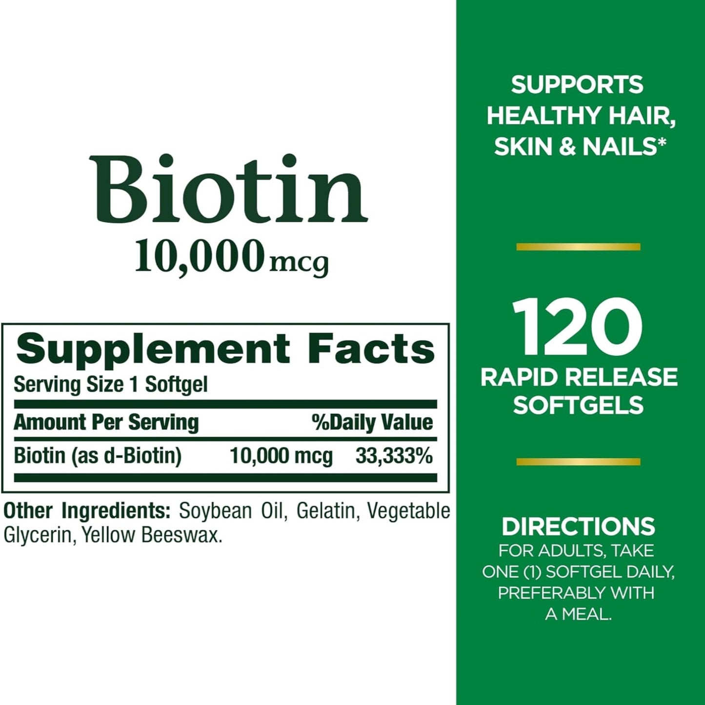 Nature's Bounty Biotin 10000 mcg, Supports Healthy Hair - Skin and Nails - Rapid Release Softgels - 120 Ct