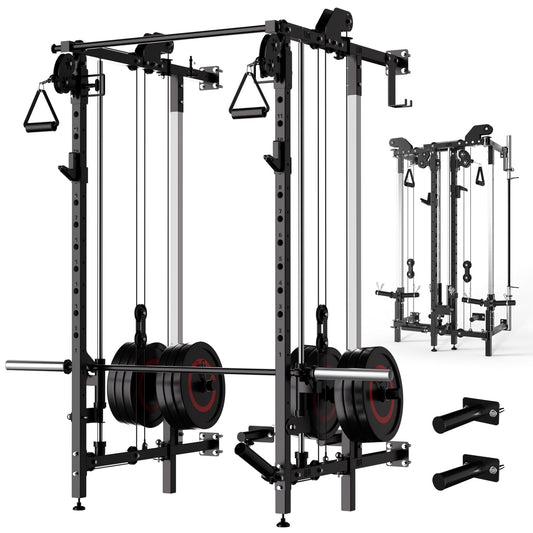 Garvee Wall Mount Smith Machine, Folding Power Rack with Independent Dual Pulley System, Multi-Function Squat Rack, Heavy Duty Power Cage Workout Equipment for Home Gym Strength Training
