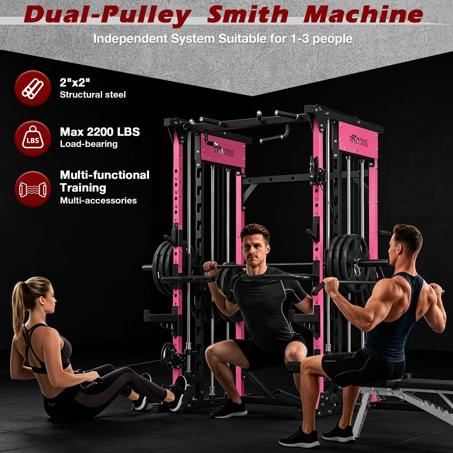 ONNO Smith Machine, 2200lbs Squat Rack with LAT-Pull Down & Cable Crossover System, Multi-Function Power Cage for Home Gym with Leg Hold-Down Attachment Pink