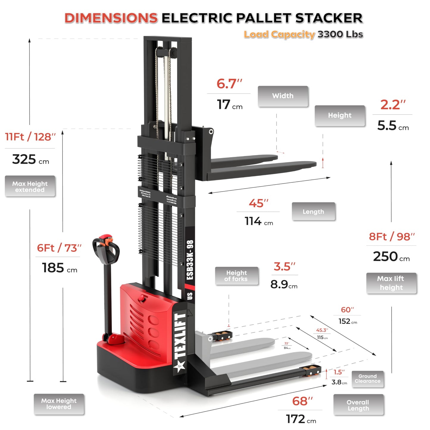 TEXLIFT Full Electric Pallet Stacker 3300 lb Capacity, 98″ Lift Height, Adjustable Forks 5.5″–27″, Fixed Straddle Legs, Walkie Electric Forklift Material Lifter Truck 24V DC Power - (US-ESB33K-98)