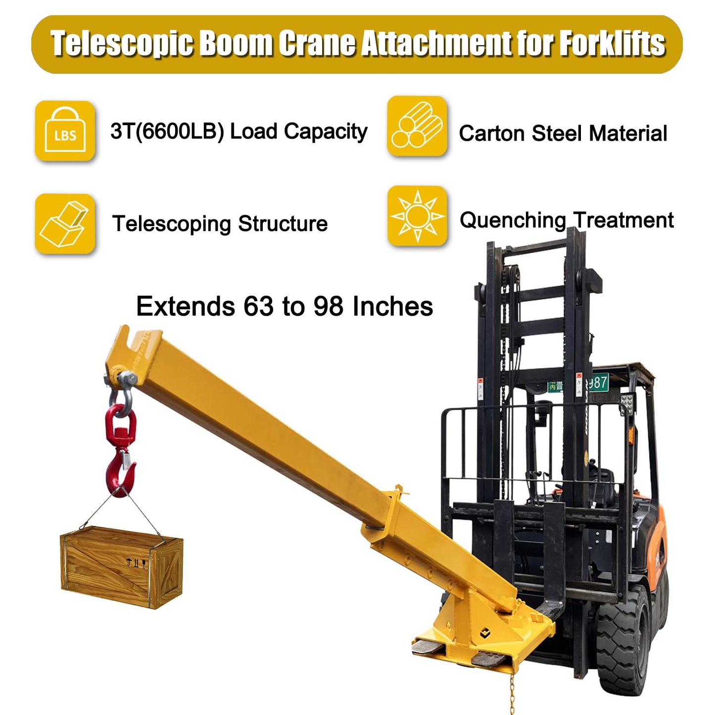 EQCOTWEA Heavy Duty Forklift Jib Boom Crane 6600lbs Load Capacity, Industrial Telescoping Lifting Hoist for Warehouse & Construction, Adjustable Mobile Crane Attachment Extends up to 98 Inches