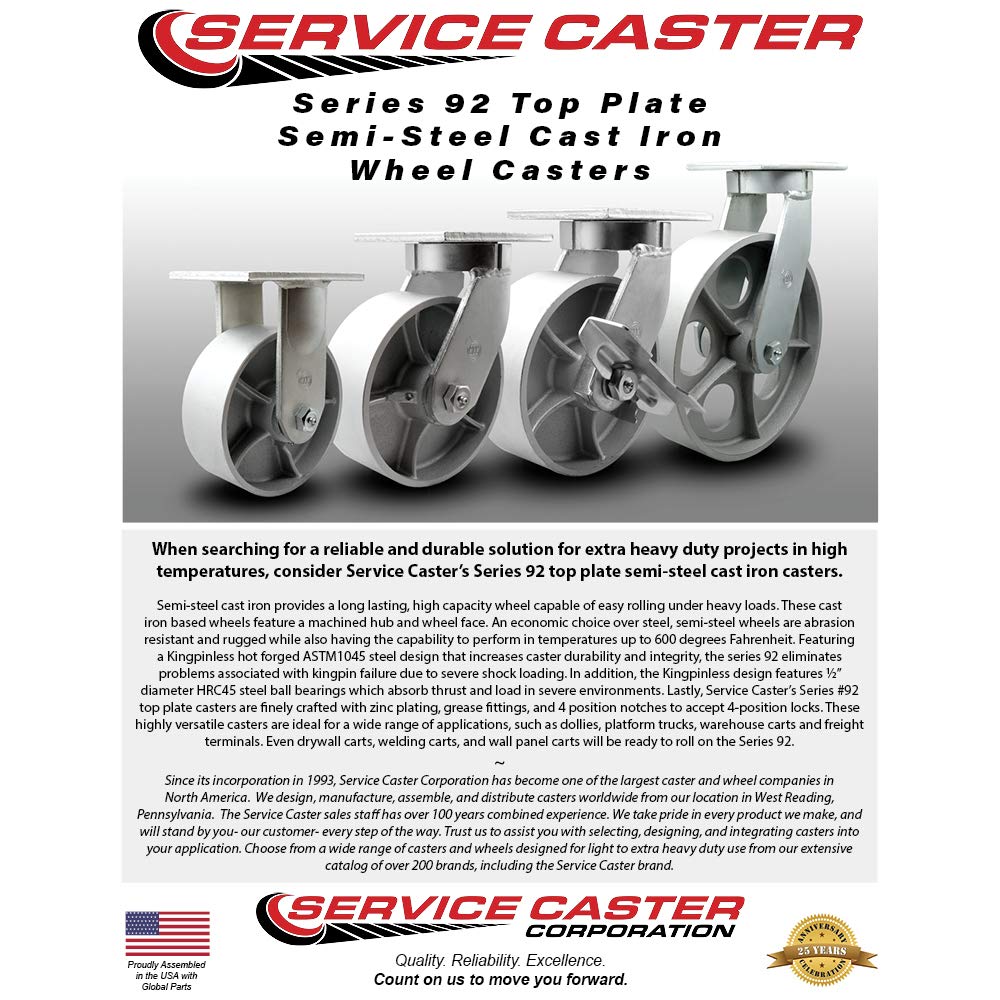 Extra Heavy Duty Kingpinless 6” x 3” Semi Steel Cast Iron Swivel Caster Set for Cranes, Gantries, Hoists, and Winches-2 Swivel and 2 Rigid Casters-2,500 lbs Per Caster-Set of 4 - Service Caster Brand