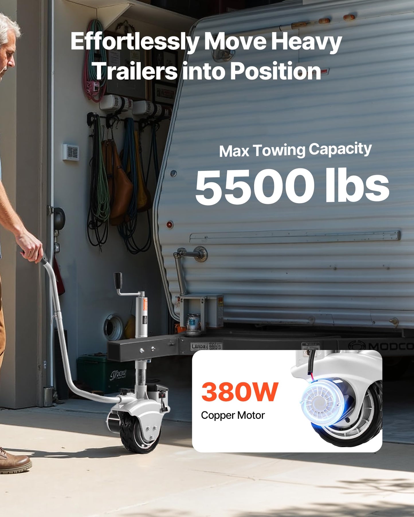 VEVOR Electric Trailer Dolly, 5500 lbs Towing Capacity, 380W 12V Motorized Jockey Wheel with 23 ft/min Moving Speed, 12.2-24.8 in Adjustable Clamp Height & 8 in Rubber Tire, for Moving Caravan Boat