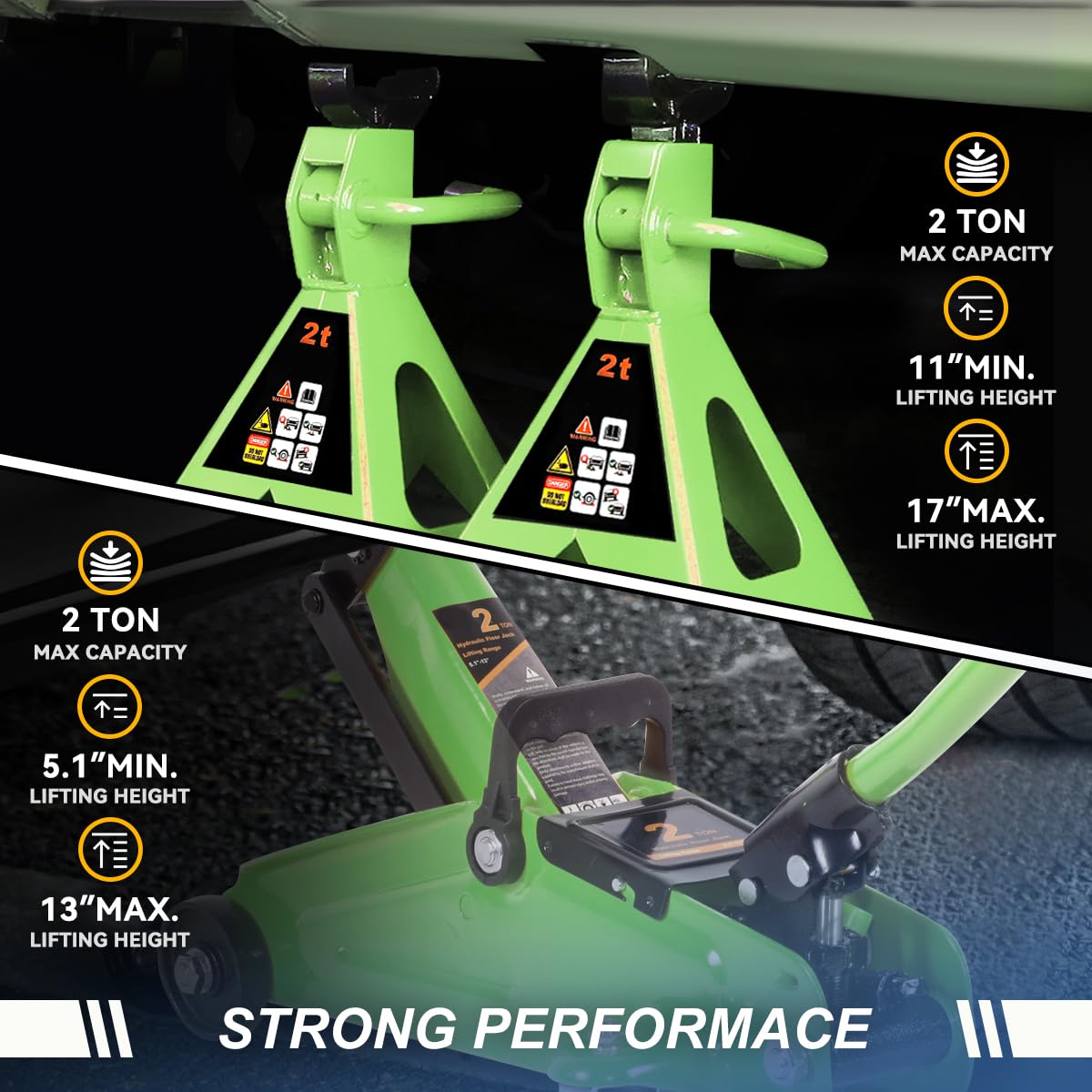 PM PERFORMOTOR Low Profile Hydraulic Trolley Service/Floor Jack Combo with 2 Ratchet Jack Stands, 2 Ton (4000 lbs) Capacity, Green,PM-TOL-FJ3P-GR