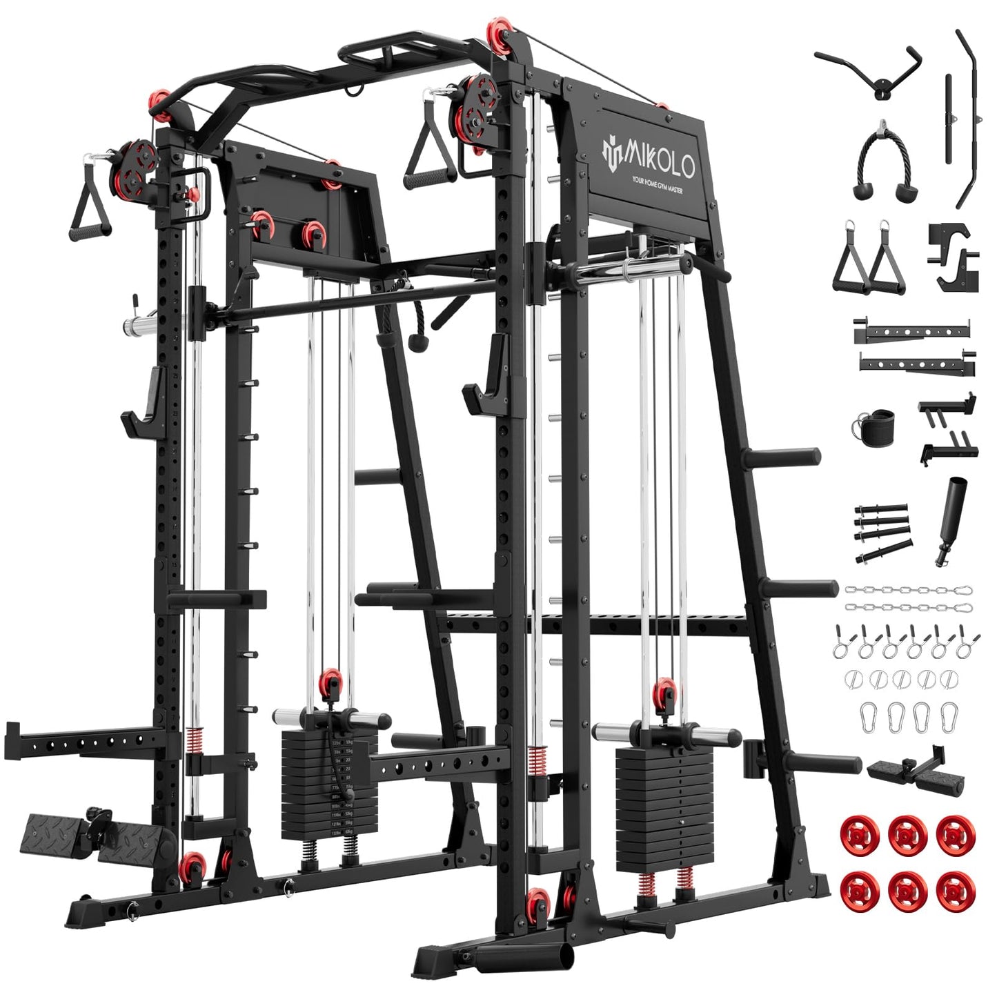 Mikolo M4 2.0 Elite Smith Machine with Weight Stack, All-in-One Home Gym Power Cage with LAT Pulldown & Cable Crossover, Squat Rack for Full Body Workouts (Black)