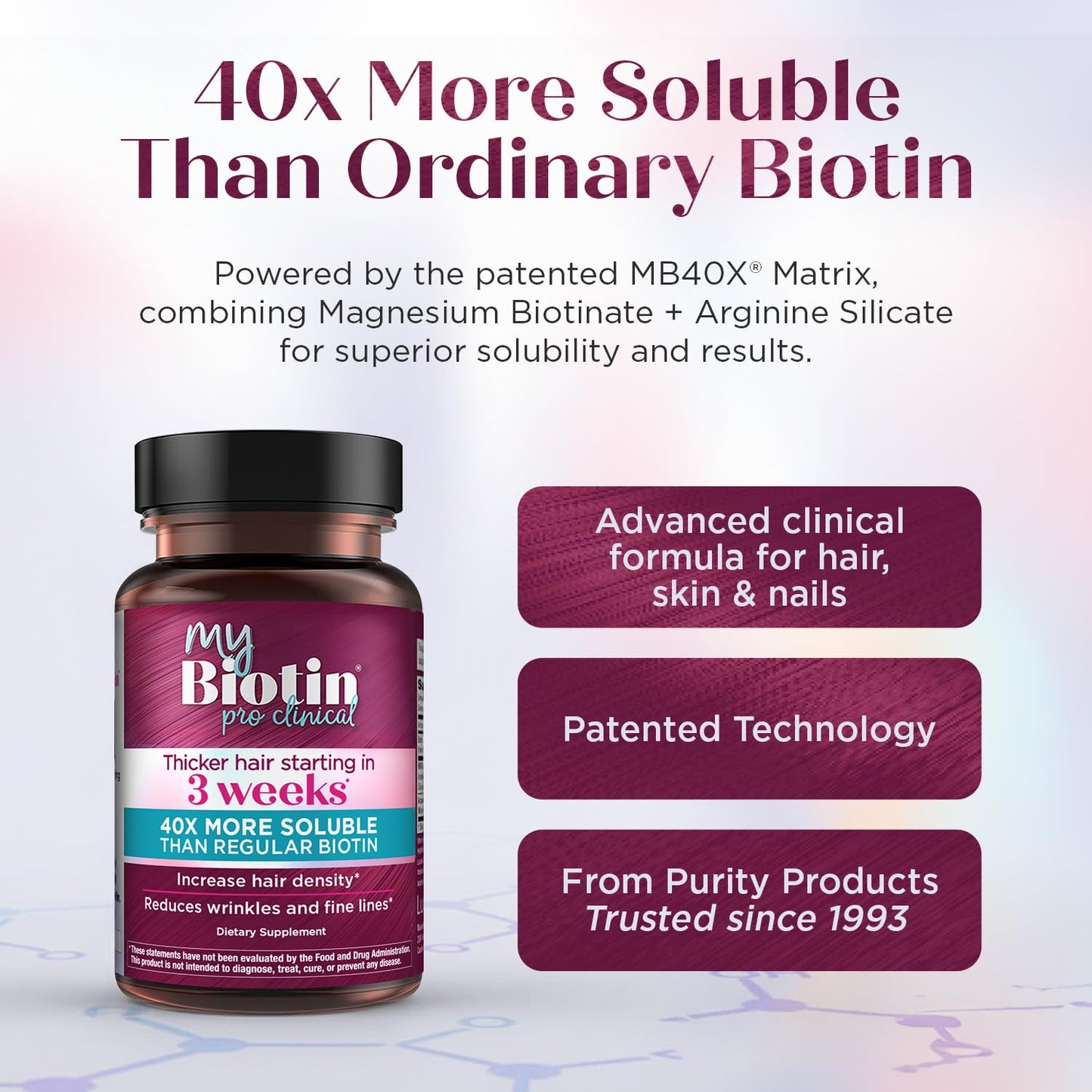 Purity Products MyBiotin ProClinical – Thicker Hair Starting in 3 Weeks & Fights Wrinkles - MB40X Patented Biotin Vitamin B7 Matrix w/Astaxanthin - 40X More Soluble vs Ordinary Biotin, 30 Veg Capsules
